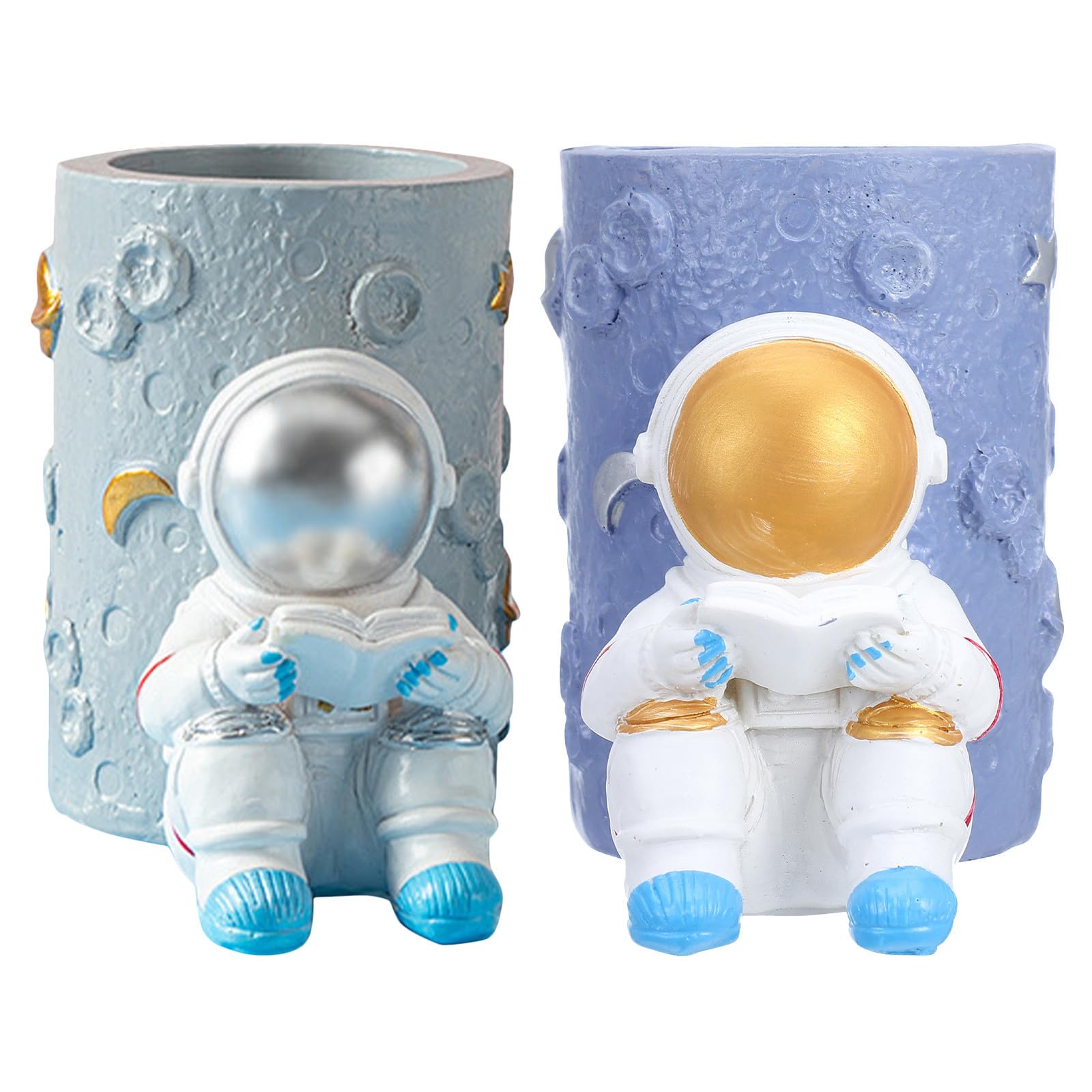 SEWACC Lot de 2 pots à crayons astronautes : pot à crayons en résine, organiseur de bureau sur le thème de l'espace, porte-papeterie pour bureau, accessoires pour chambre d'enfant.