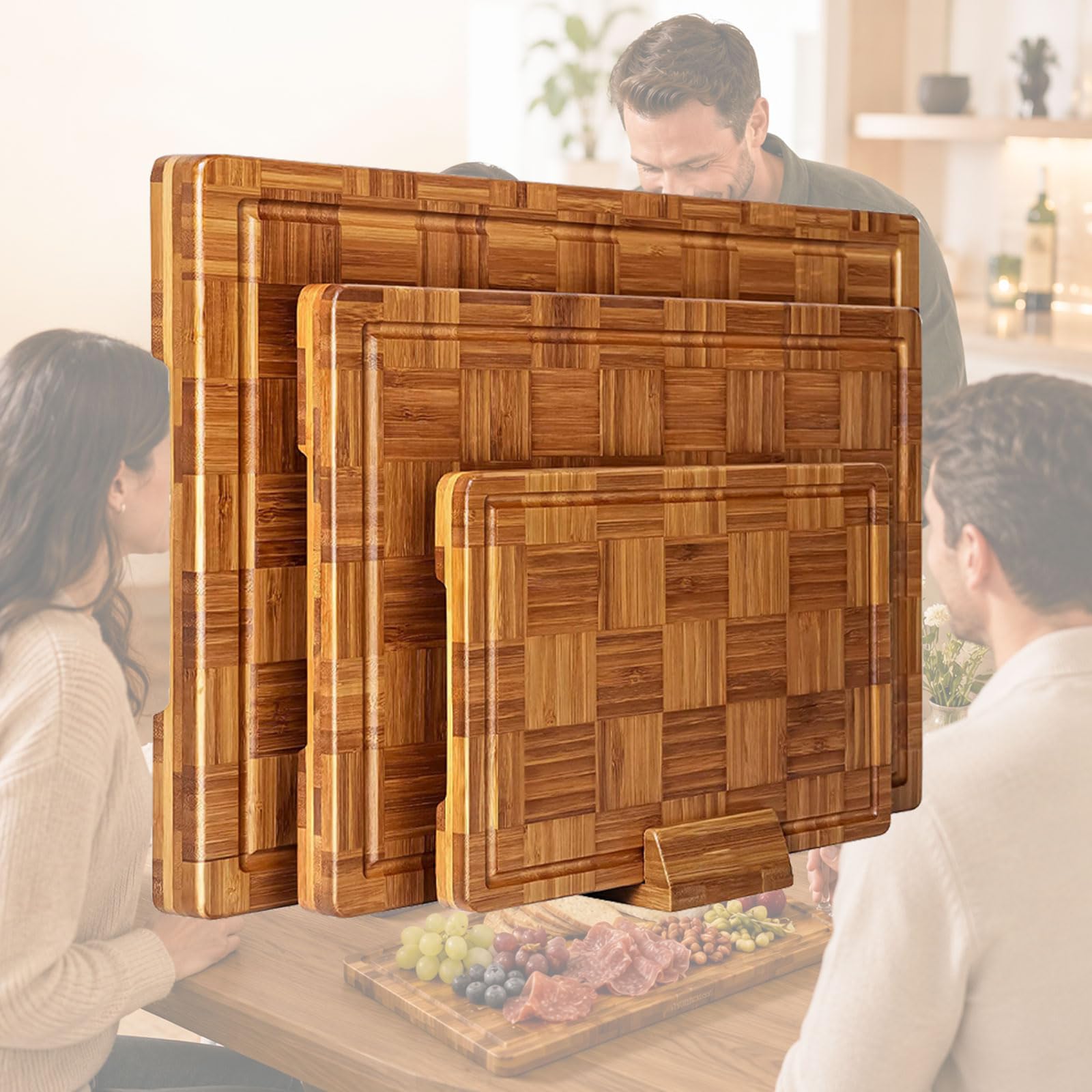 Tabla Cortar Bambú con Soporte, 3 Piezas Tablas para Picar Cocina De Madera con Ranura para Jugos, Tabla para Carne, Fruta, Verdura, Pan Y Quesos Brown,3 PCS (S/M/L)