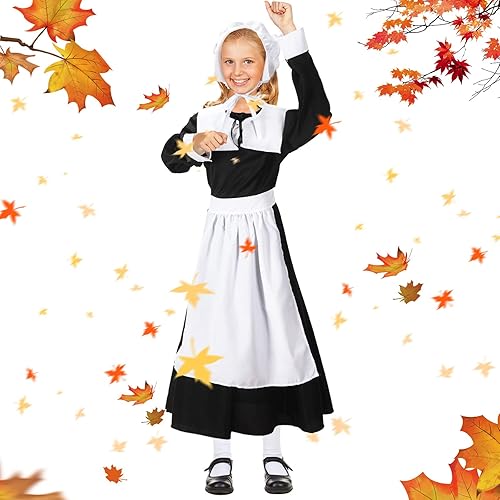 Miniatura 6 de Conjunto de disfraz de peregrina para niñas, vestido colonial de peregrina, disfraz de peregrina para Halloween, disfraces de cosplay para niños y