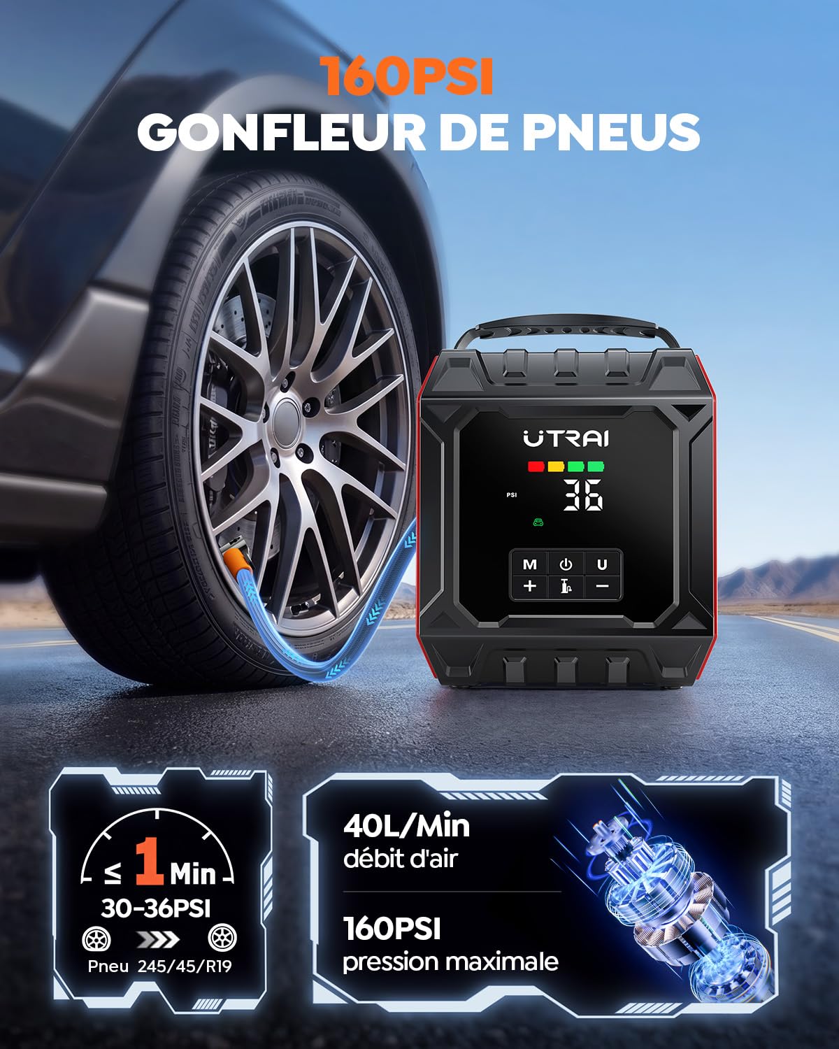 8000A Booster Batterie Voiture avec Compresseur (Tout Essence & 10L Diesel) | UTRAI 160PSI Démarreur Batterie Voiture avec Lampe Magnétique 1000 Lumens, 12V Jump Starter avec Gonfleur Pneus Voiture
