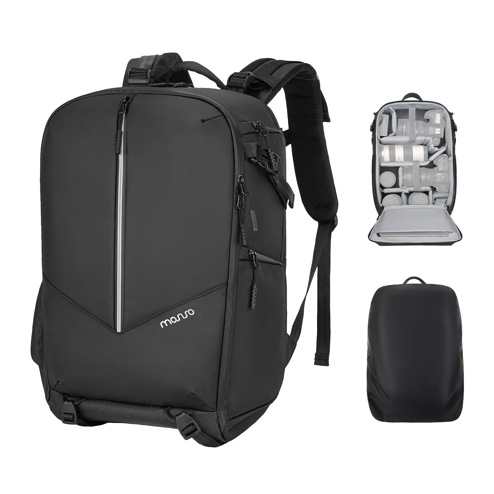 MOSISO Mochila Impermeable Cámara, DSLR/SLR/Mirrorless Mochila Gran Cámara Bolsa Fotografía con Cubierta la Lluvia&Compartimento Portátil 16 pulgadas&Soporte Trípode&Bolsillo Vertical Frontal,Negro