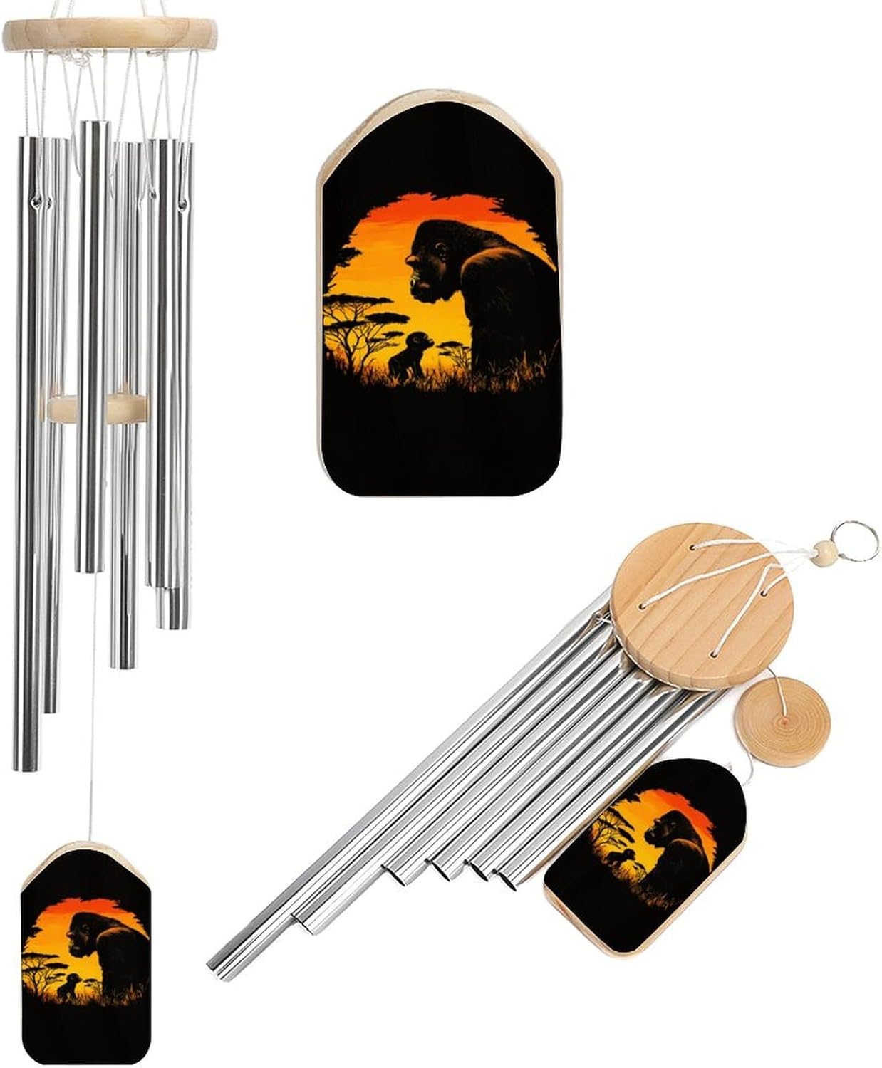 Gorilla and Sunset Wooden Wind Chimes Deep Tone Memorial Windchime for Outside Garden Home Decoration