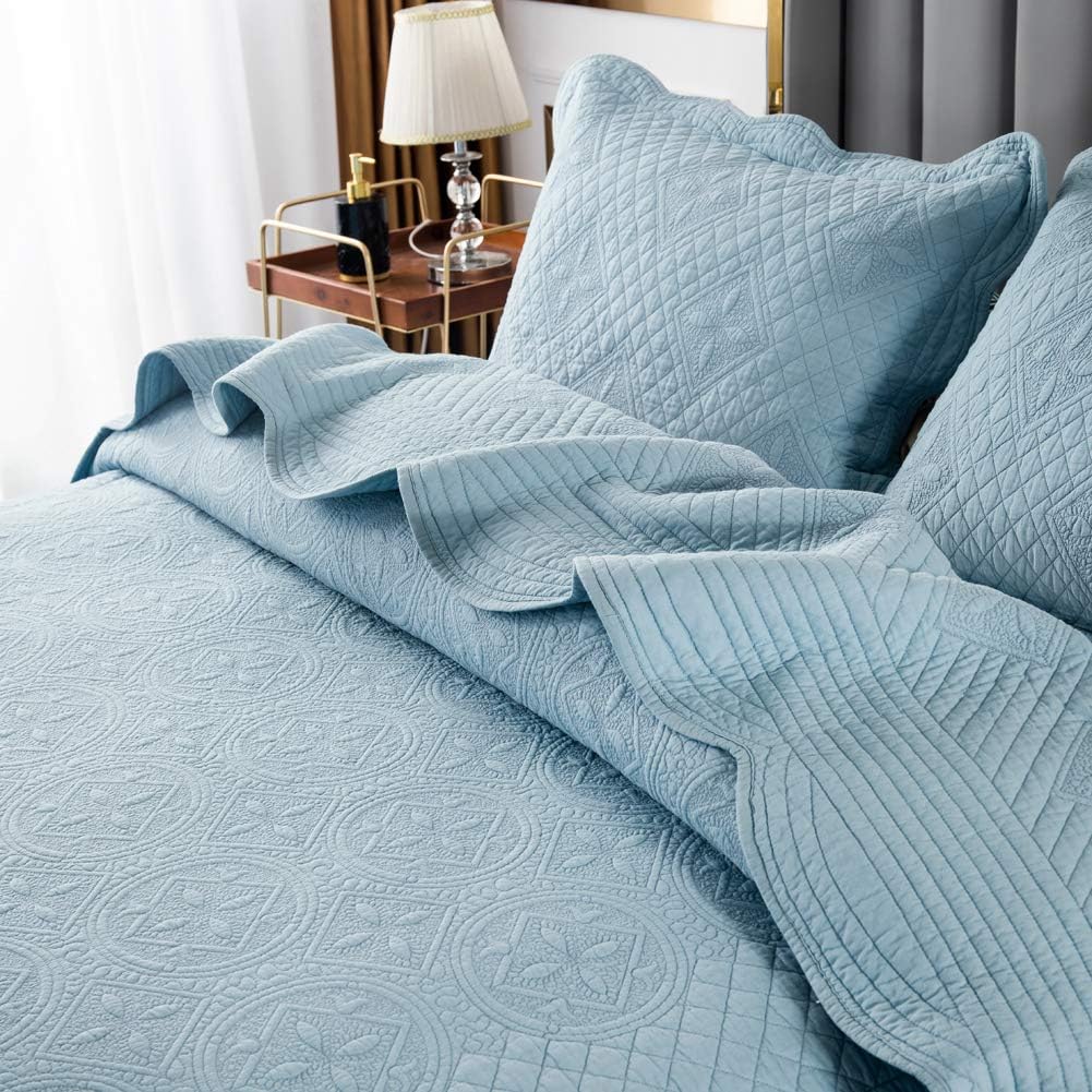 Product Deal mixinni Elegant 3-Piece Blue King Size Quilt Set Embroidery Patterns All Season Soft Cotton Bedspread Coverlet Set, Perfect for Him and Her (3pcs, King Size) Flash Deals - 70% OFF mixinni Elegant 3-Piece Blue King Size Quilt Set Embroidery Patterns All Season Soft Cotton Bedspread Coverlet Set, Perfect for Him and Her (3pcs, King Size)
