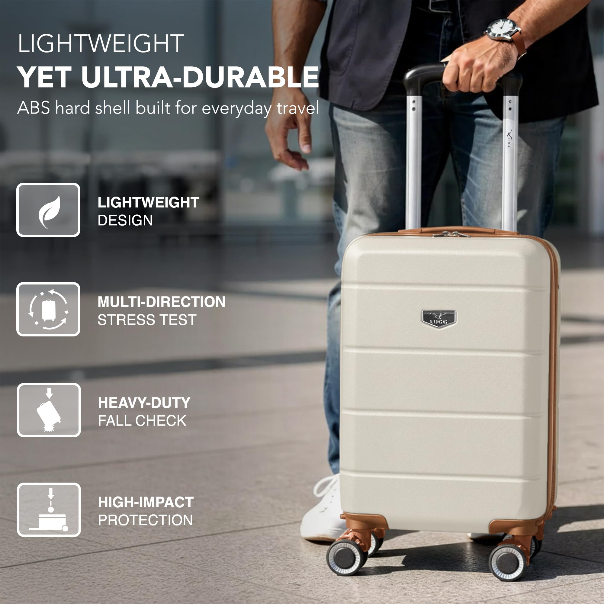 LUGG - Jetset 40cm Suitcase - 40x30x20cm- Ryanair Compatible - Underseat Size - Hard Shell ABS - Spinner & Removable Wheels - Lightweight Travel Luggage- Cream/Brown — view 3