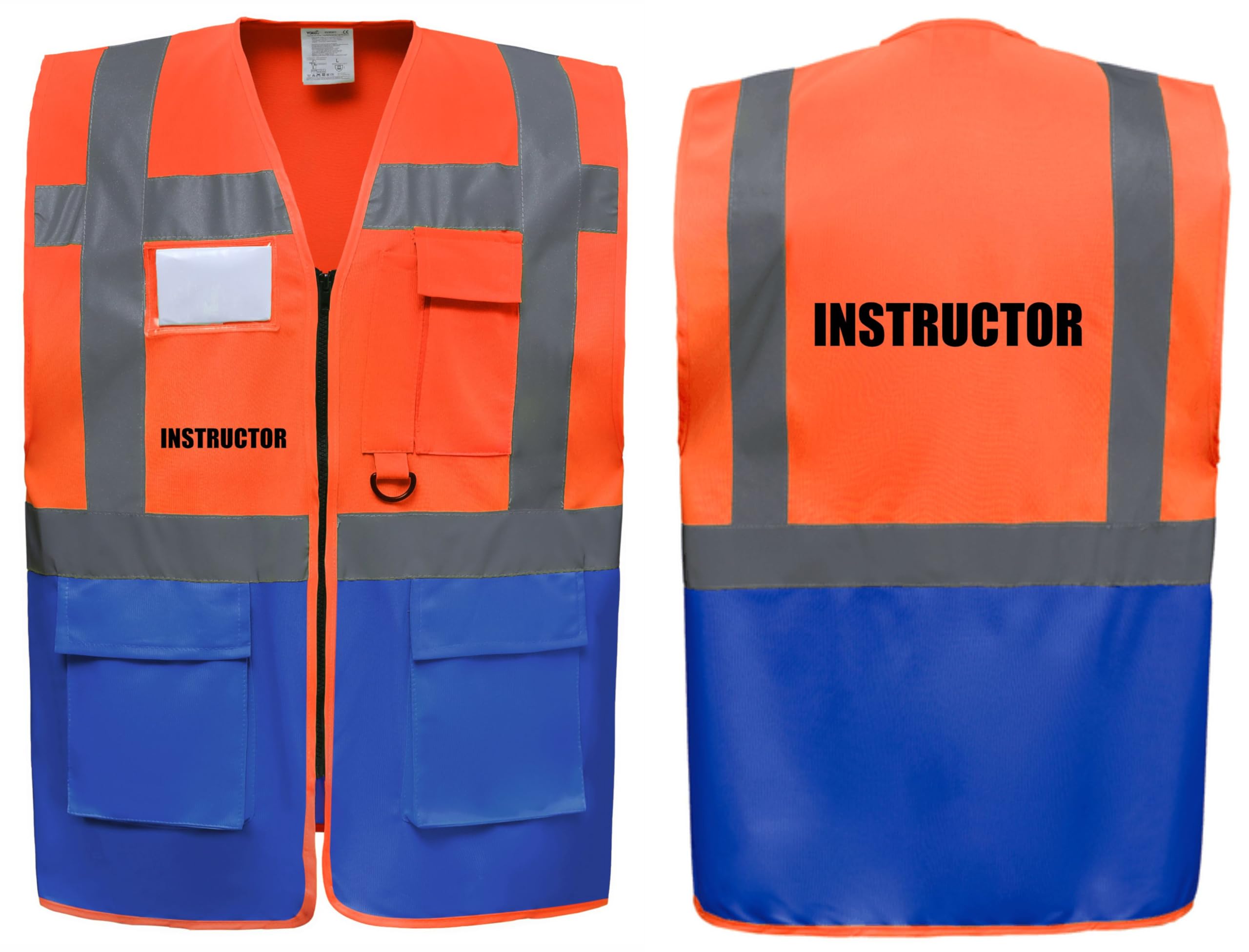 Instructor Two Tone Zipped Hi Vis Vest High Visibility Safety Waistcoat Pockets Reflective Bands Event Staff, Event Support, 13 Colour Options Brook Hi Vis (Orange/Blue, Large)