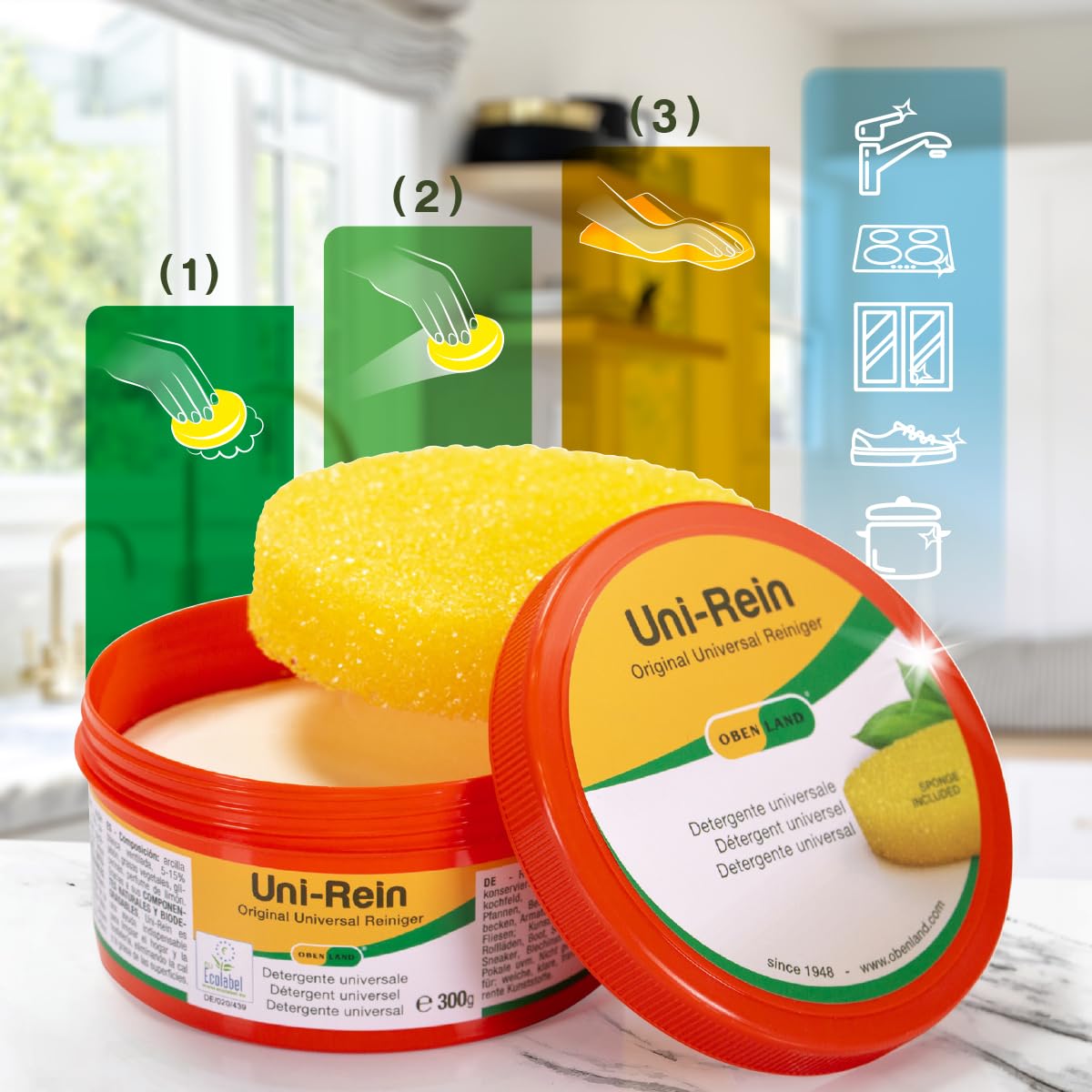 Obenland Uni-Rein Detergente solido per la pulizia ecologica - Pulitore universale per tutte le superfici in cucina, bagno, WC e rubinetti, finestre, sneakers. 3 barattoli da 300g, con 3 spugne