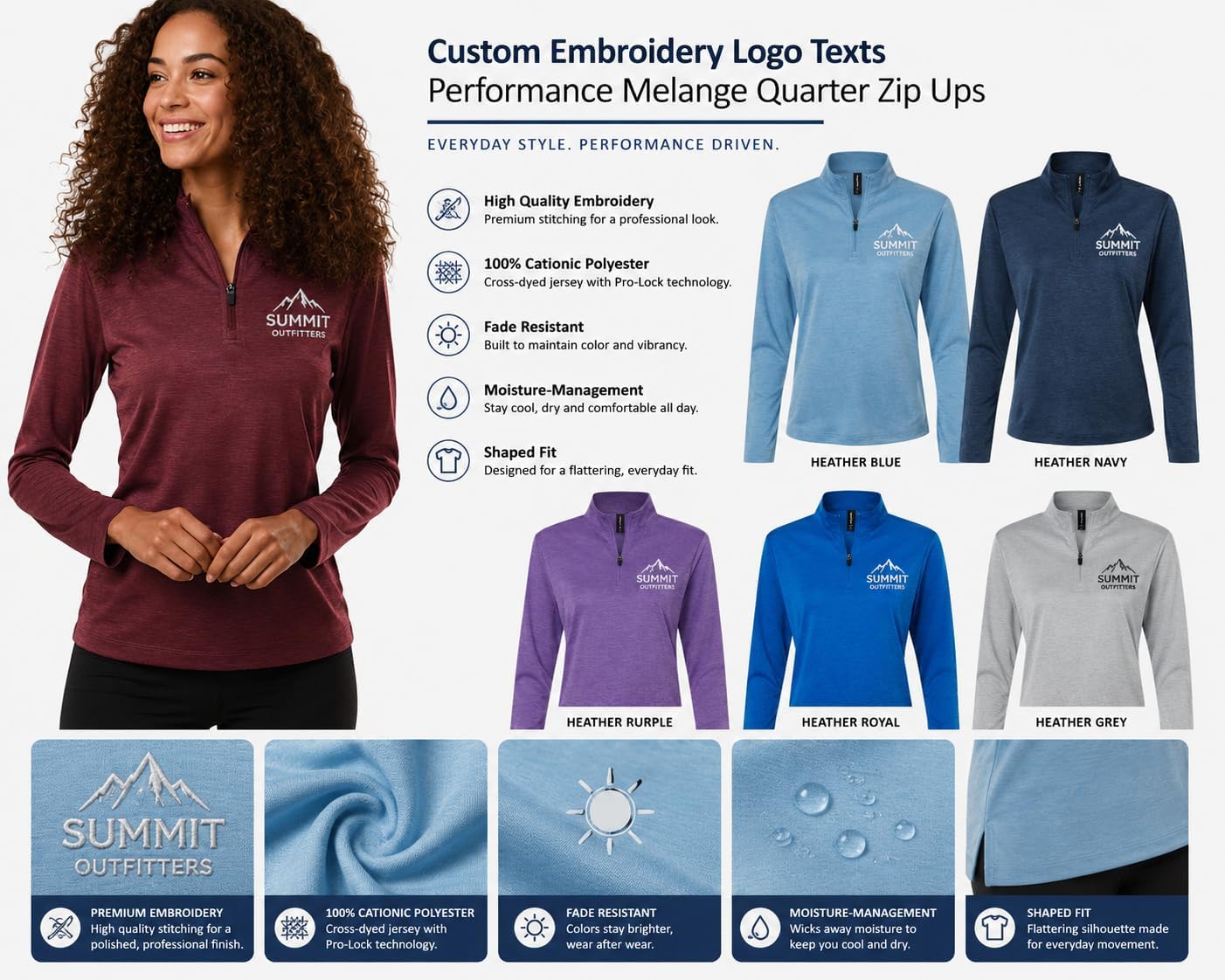 INK STITCH Women 4HM70L Custom Add Embroidery Logo Texts Performance Melange Quarter Zip Pullover