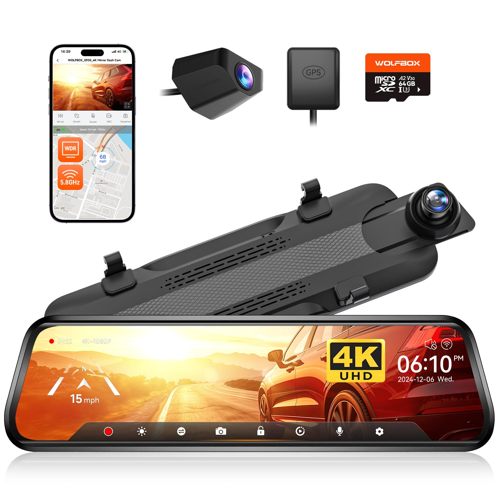 Kamera cofania WOLFBOX G930 10'' z Wi-Fi 5,8 GHz, kamera samochodowa 4K z przodu i z tyłu z WDR, monitor parkowania, asystent cofania, w tym mapa 64 GB i GPS