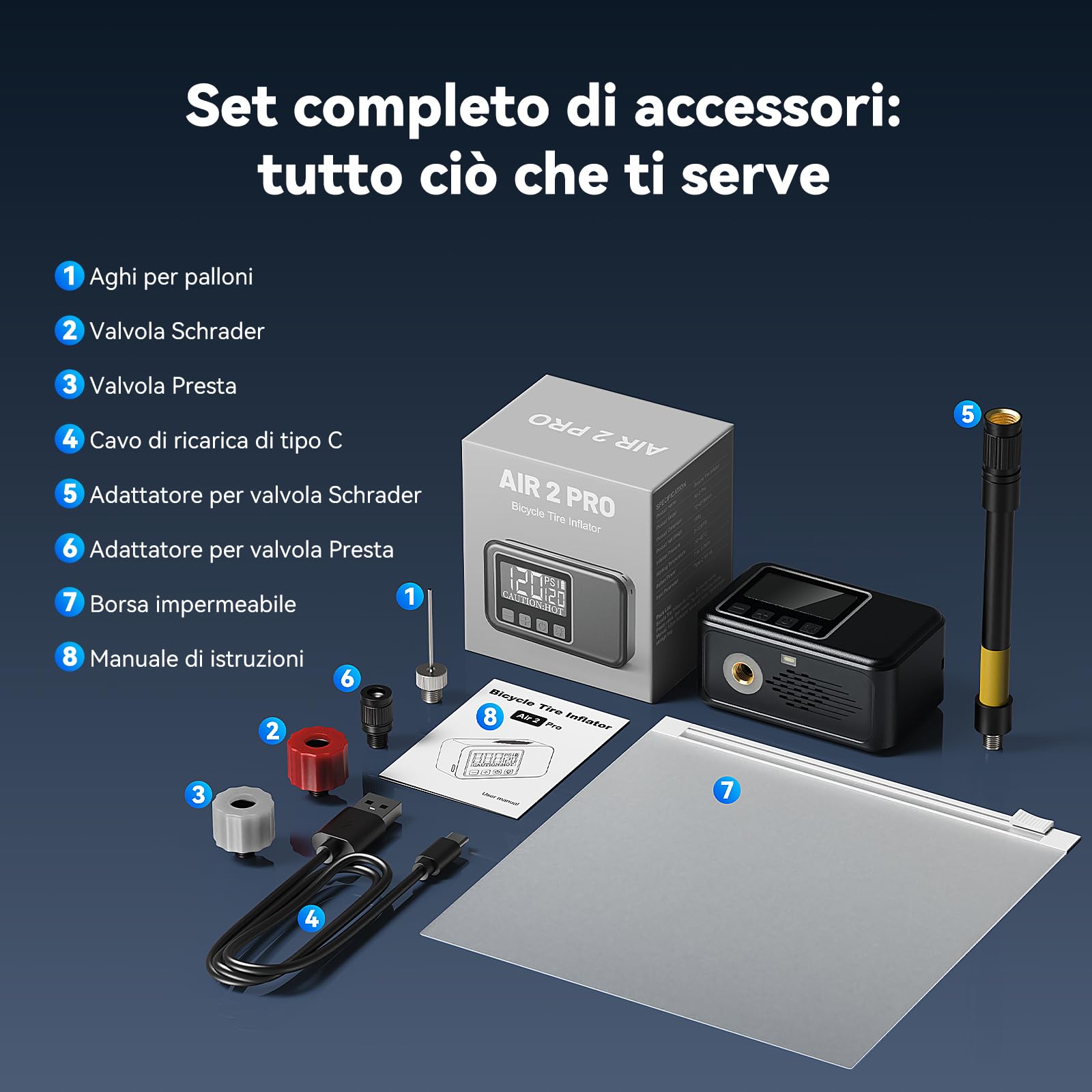 Mini Pompa Elettrica Bici Silenziosa 120 Psi Gonfiaggio Rapido 50s Compatibile Valvole Presta Schrader