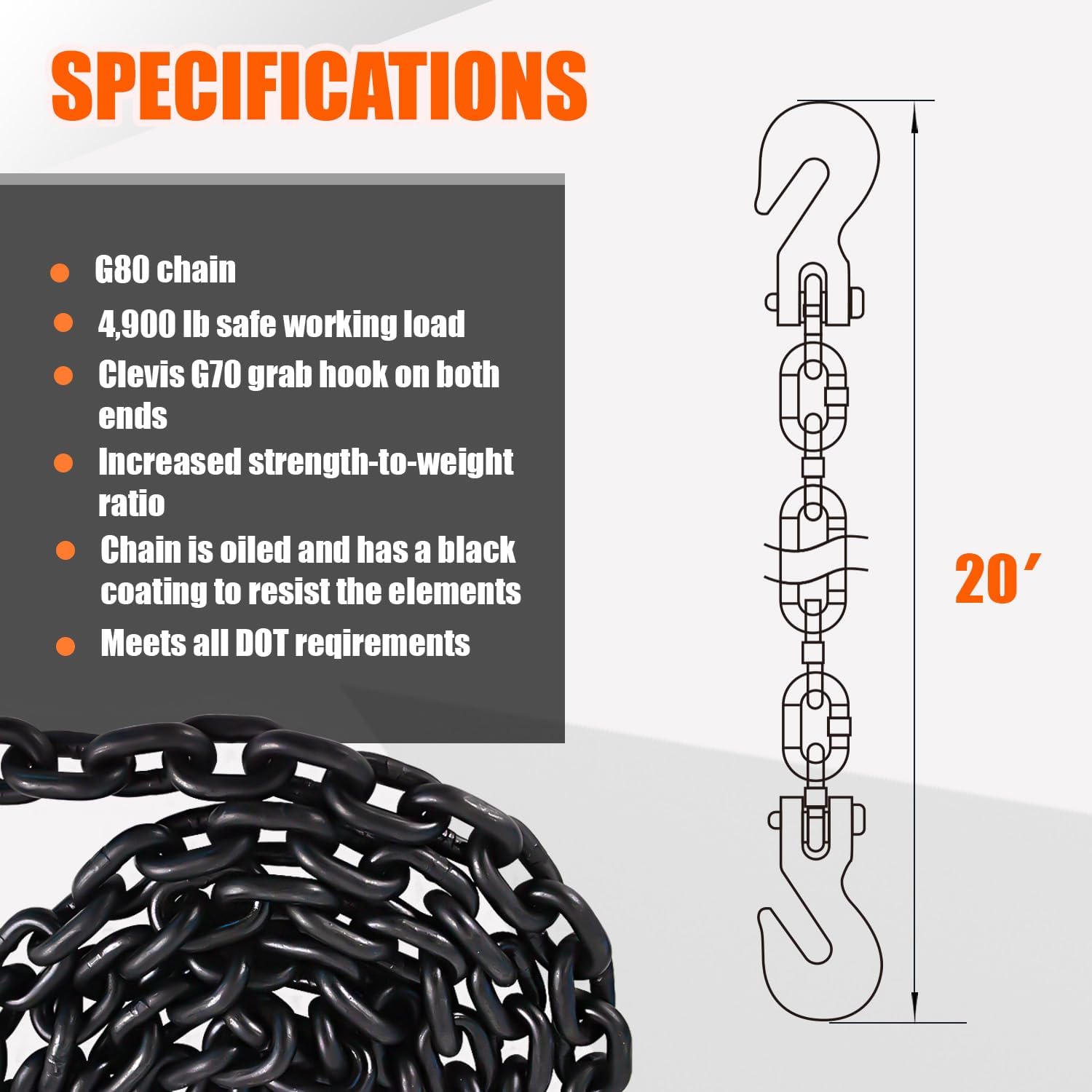 G80 Transport Binder Chain 5/16 Inch x 20 Foot | 4,900 lbs Safe Working Load | Tow Chain with Clevis Grab Hooks | Ideal for Transporting, Towing, and Binding Equipment