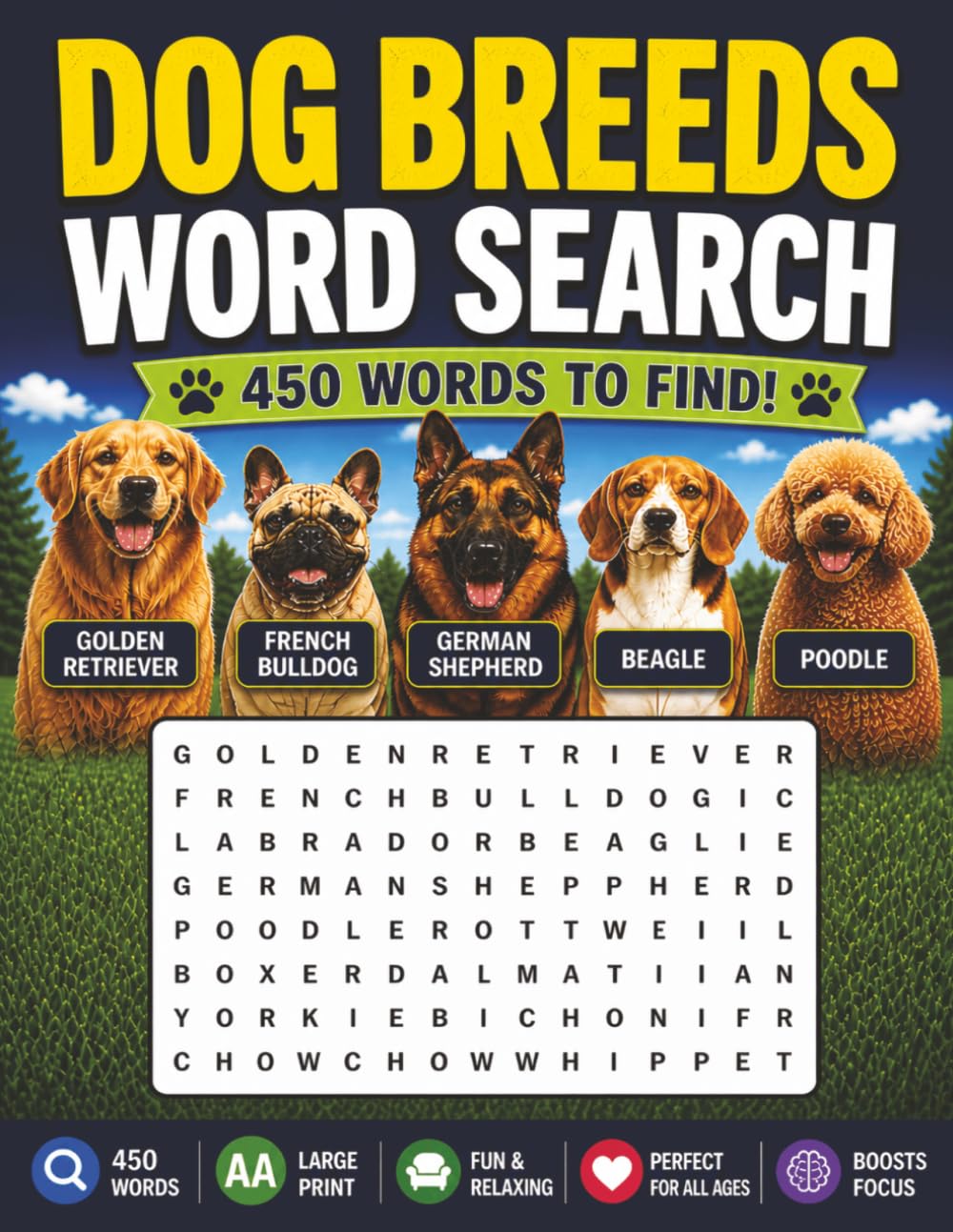Dog Breeds Word Search: Puzzles include popular breeds (Labrador Retriever, Poodle) and rare breeds, with over 450 words to find. Fun and educational!