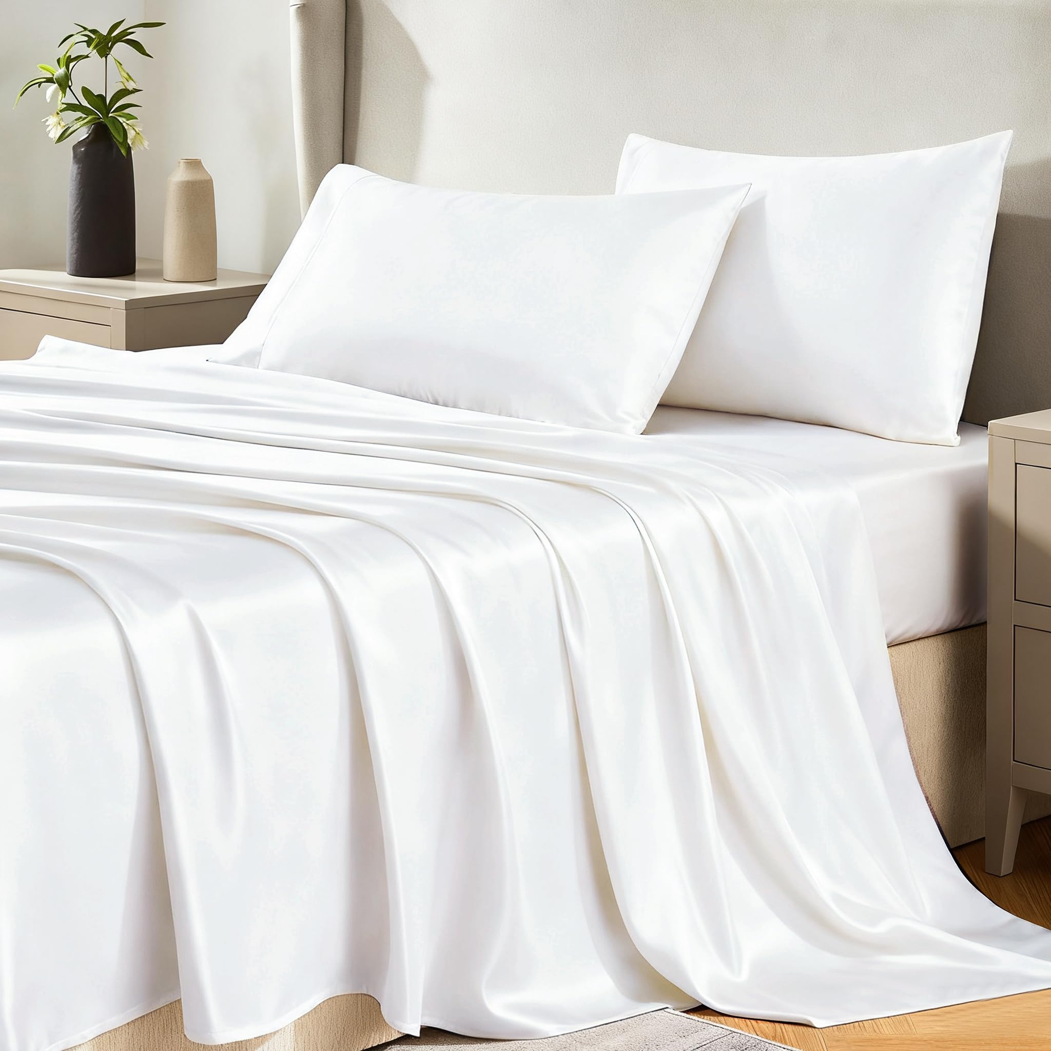 CozyLux Satin Sheets King Size Sheet Set - 4 Piece Silky King Sheets, Luxury White King Bed Set with Smooth and Soft Microfiber, Includes 1 Fitted Sheet, 1 Flat Sheet and 2 Pillowcases