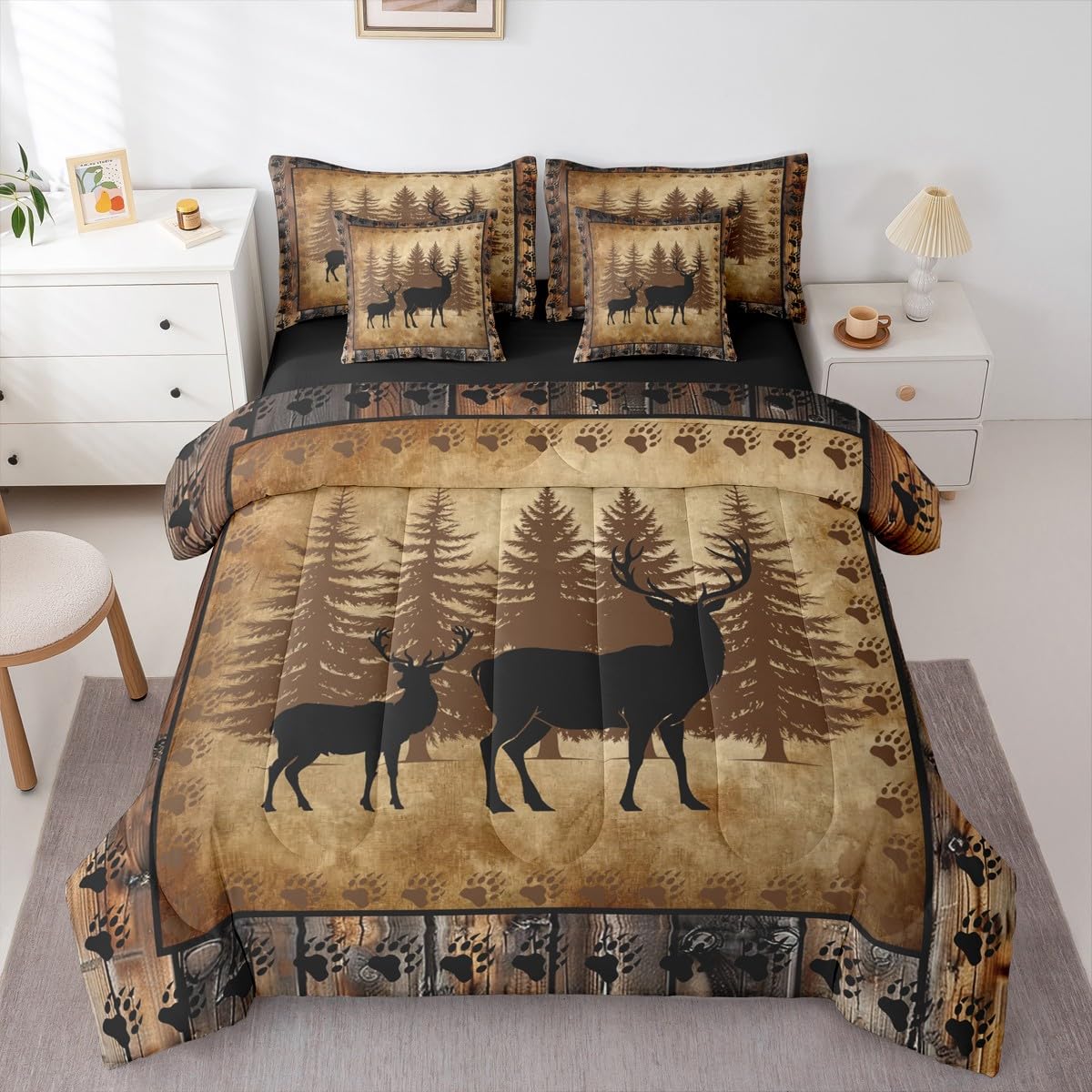 Erosebridal Cabin Deer King Comforter Set with Sheets 7 Piece Rustic Farmhouse Bed in A Bag Hunting Deer Bedding Sets for Kids Adults,Country Woodland Bed Set