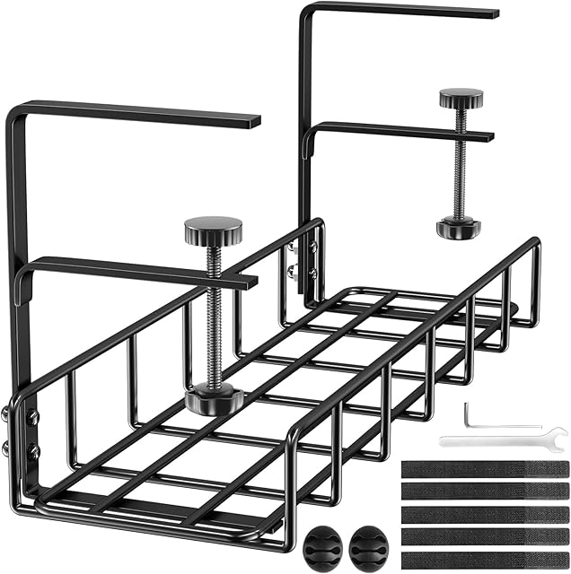 Cable Management Under Desk No Drill, Upgraded Long Arm Clamp, Inward Or Outward, Cable Tray Under Desk, Under Desk Cable Management Tray, Keep Under Desk Cable Tidy, Fits Most Tables