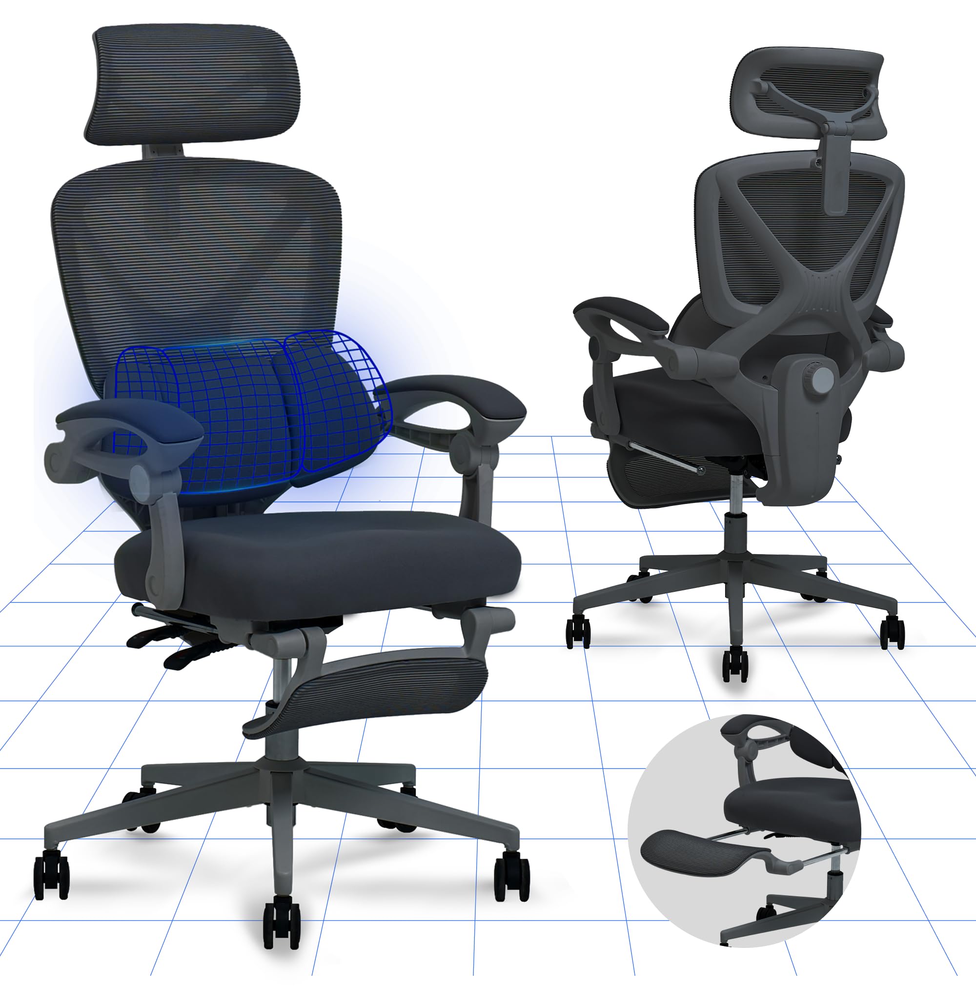 FLEXISPOT OC4 Chaise de Bureau Ergonomique, Soutien Lombaire 2D Indépendant en C avec Effet Enveloppant, Inclinaison 90-135°, Appui-tête 3D, Accoudoirs Auto, Chaise Gaming en Maille, Noir
