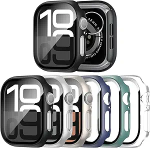 6 Pack Case with Tempered Glass Screen Protector for Apple Watch Series 11 Series 10 46mm, Ultra-Thin Scratch Resistant Full Protective Hard PC Bumper Cover for Apple Watch 46mm