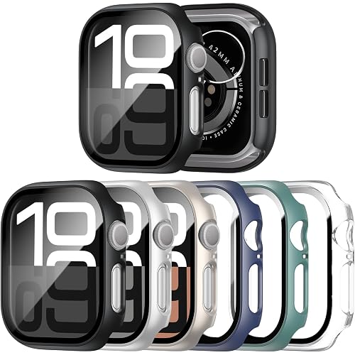 JERXUN 6 Pack Case with Tempered Glass Screen Protector for Apple Watch Series 11 Series 10 46mm, Ultra-Thin Scratch Resistant Full Protective Hard PC Bumper Cover for Apple Watch 46mm