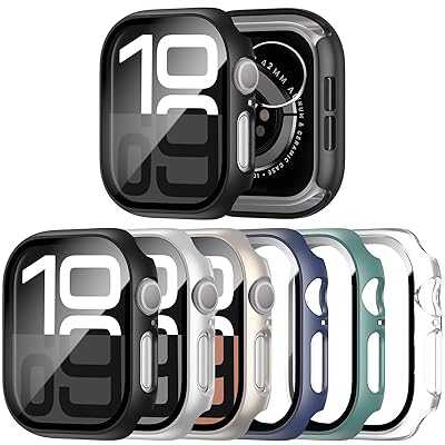 6 Pack Case with Tempered Glass Screen Protector for Apple Watch Series 11 Series 10 46mm, Ultra-Thin Scratch Resistant Full Protective Hard PC Bumper Cover for Apple Watch 46mm