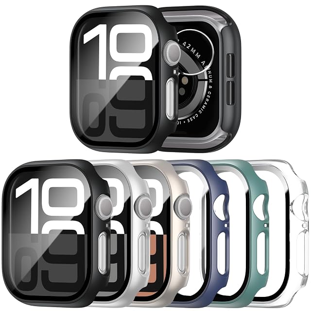 JERXUN 6 Pack Case with Tempered Glass Screen Protector for Apple Watch Series 11 Series 10 46mm Ultra-Thin