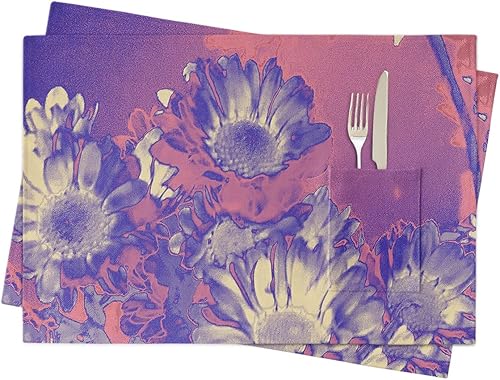 Juego de 2 manteles individuales para mesa de comedor, diseño de flores moradas, manteles individuales de cocina de lino de algodón con bolsillo,