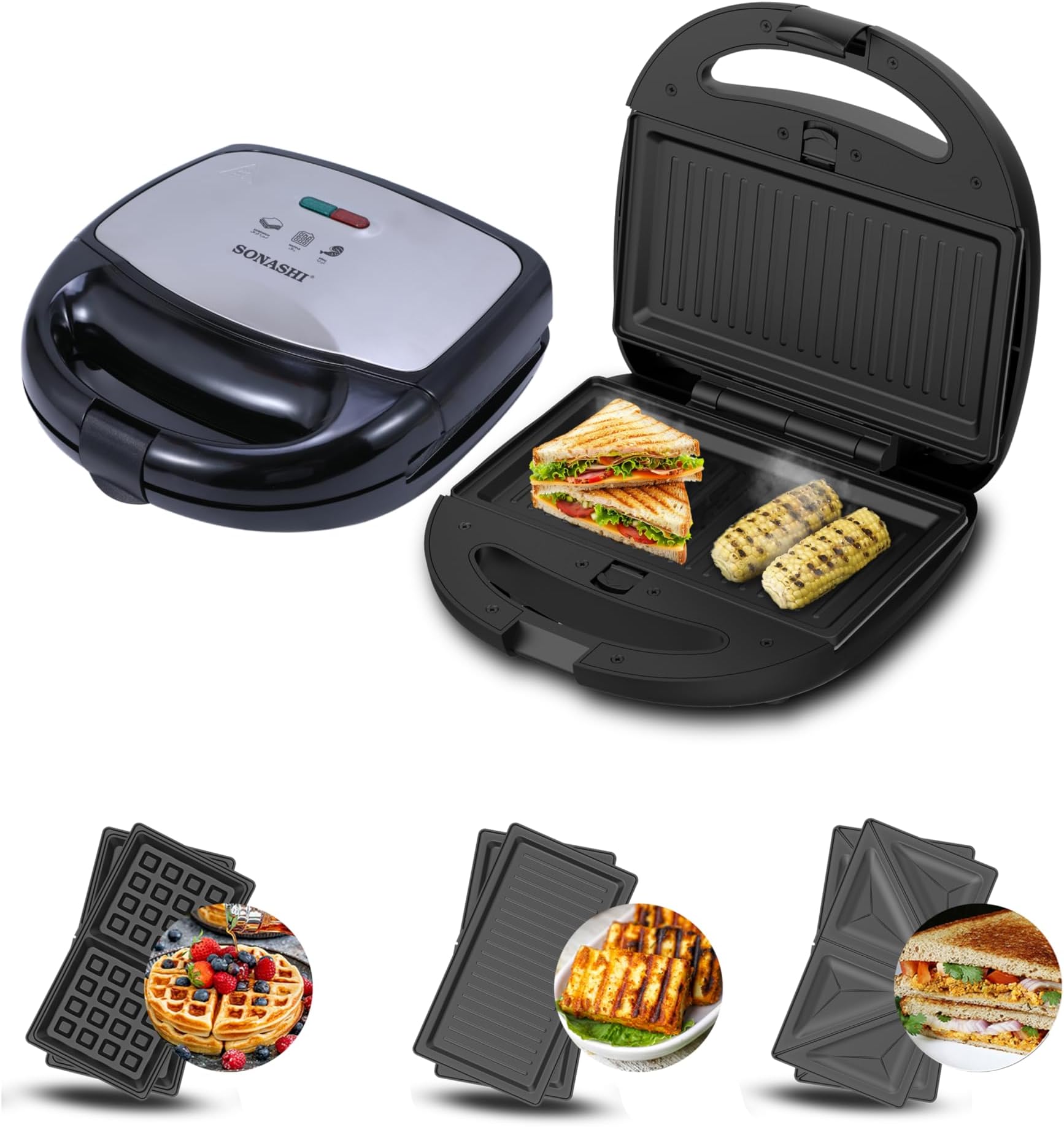 Sonashi 3 In 1 Multi-Snack Maker, Black/Silver, SSM-861