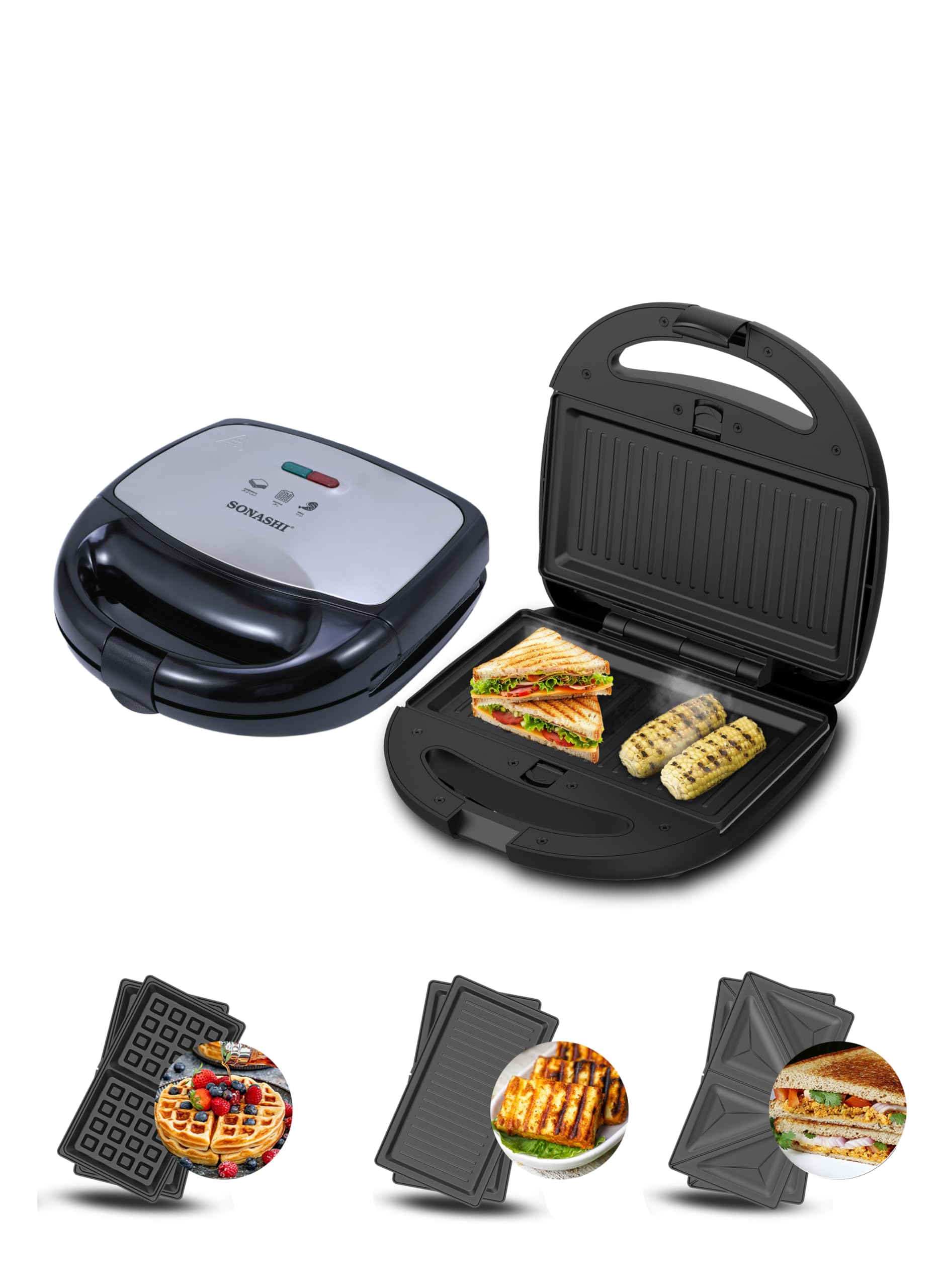 Sonashi 3 In 1 Multi-Snack Maker, Black/Silver, SSM-861