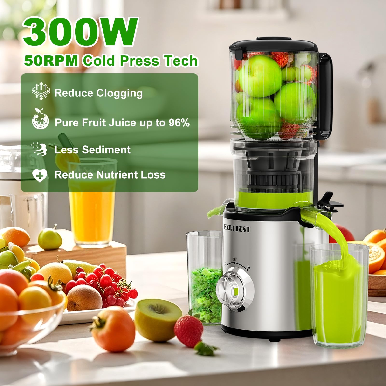 Exreizst Slow Juicer MP-802P 130mm Einfüllschacht 1,5L BPA-frei Tritan Leiser Motor