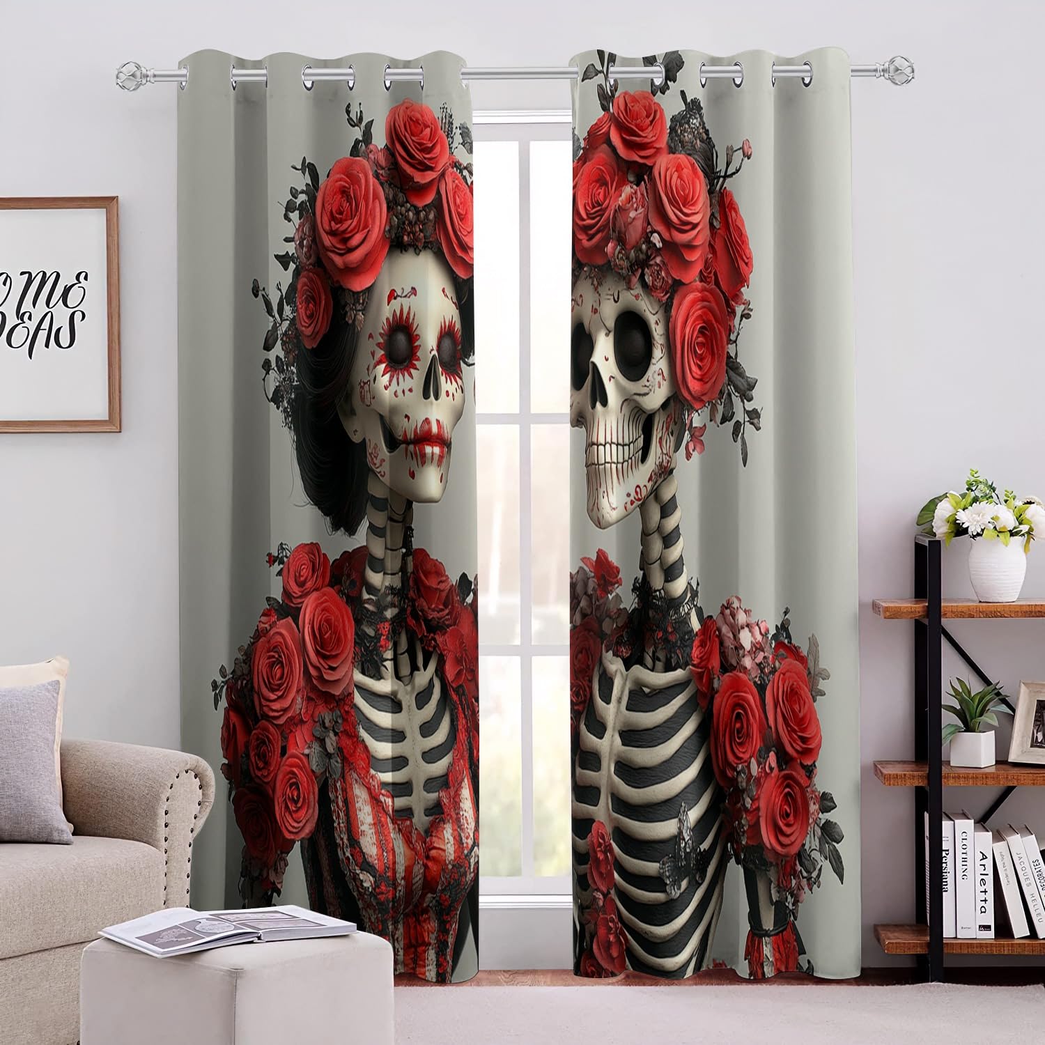 Skelett Vorhang mit Ösen 175 x 280 cm – Bedruckter Sternenmuster Ösenschal aus Polyester perfekt für Kinderzimmer Dekoration Halloween & Partys – Paar Vorhänge H22-2901824
