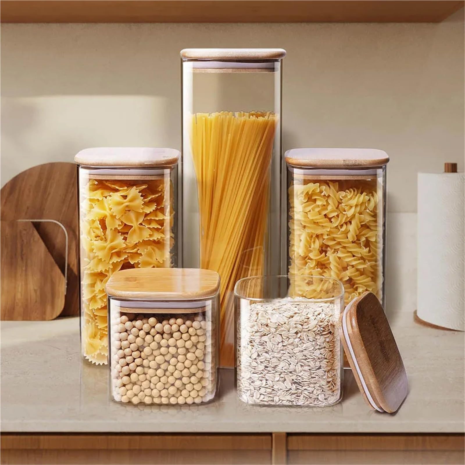 Frascos de almacenamiento vidrio cuadrados con tapa for granos café, fideos, contenedores alimentos, organizadores cocina, 1 Uds para Cocina(2000ml)