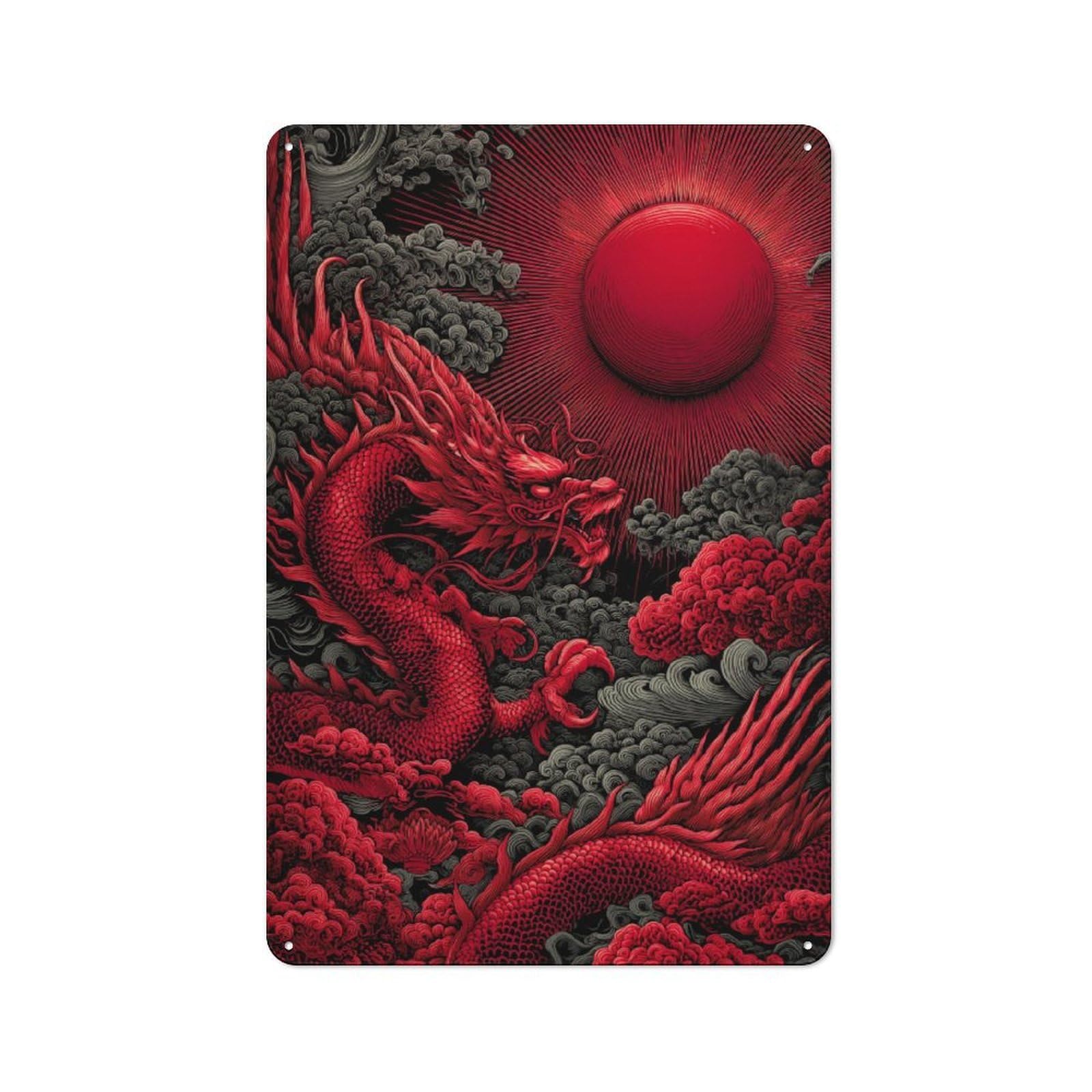 Junmoney Red Dragon Rising Metal Wall Plaque With Design 30X20cm, Classic Retro Room Decor For Kitchen, Hallway, Bar Or Small Cafe