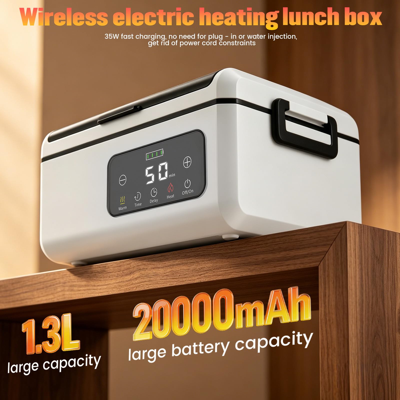 Fiambrera eléctrica inalámbrica con Cubiertos y Bolsa, Recargable por USB, 100W Fiambrera a Prueba de Fugas con batería de 20000 mAh, 1,3 L, Cuenco Calefactor para Viajes, Oficina, Picnic