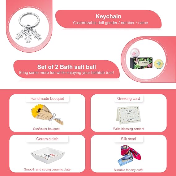 Best Mother's Day Gift for Mom Gift Basket for Mom Wife Women Relaxing Gift Set Great for Mom & Wife, Including: Bath Bomb,Key Chain,Ceramic Dish,Silk Scarf,Sunflower Soap Flower Etc.