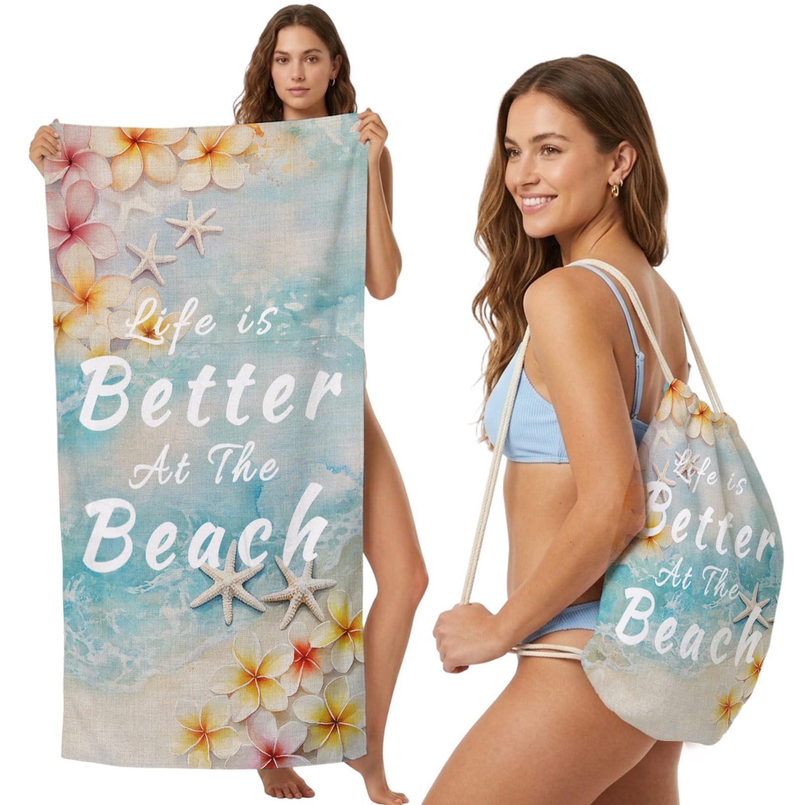 FWJZDSP Beach Towel Backpack, Better Beach Life Floral 2-in-1 Foldable Soft Microfiber Quick Dry Beach Towel 31.5x63in Summer Ocean Flowers Starfish Lightweight Pool Towels Bag for Travel, Yoga, Gym