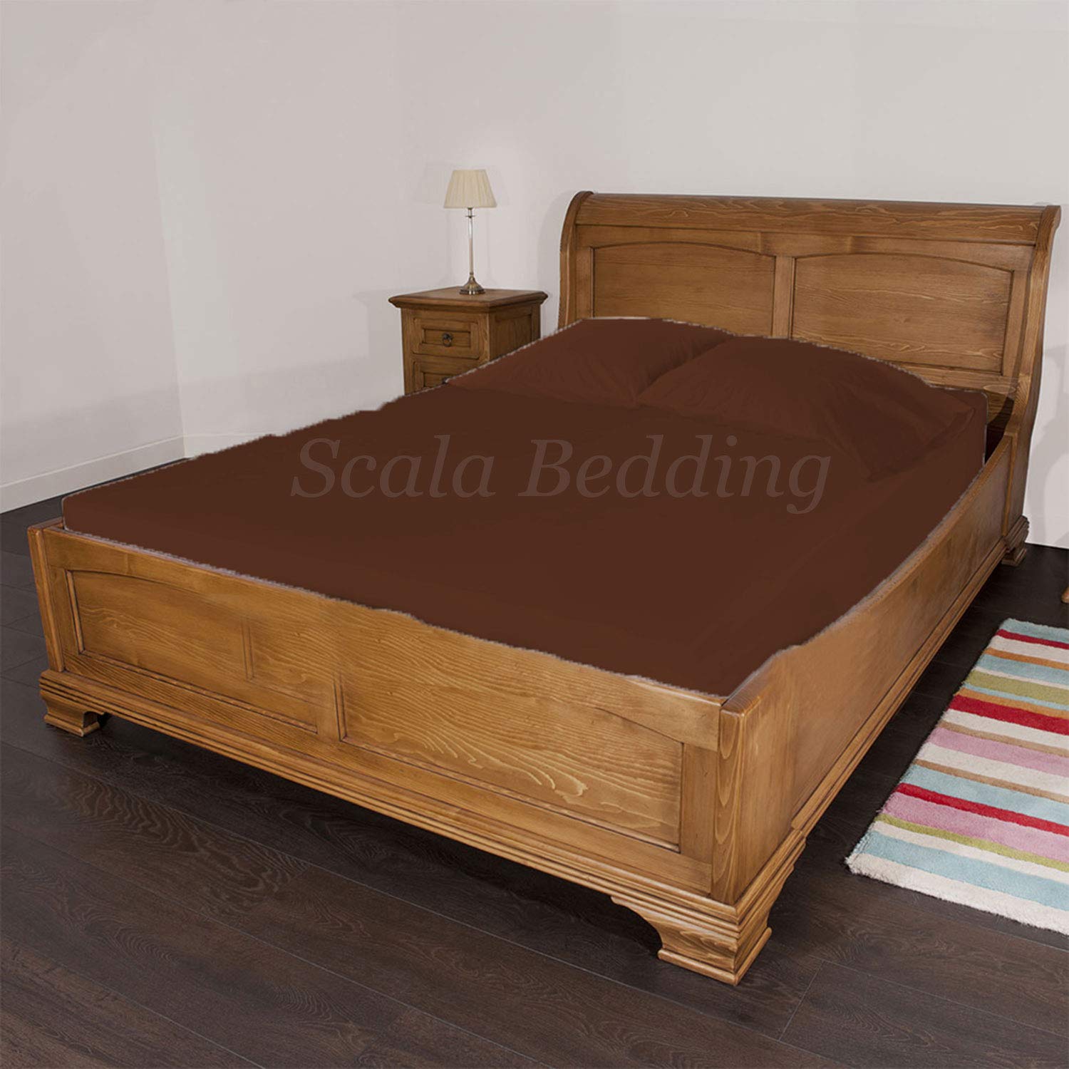 Biancheria da letto, 3 pezzi, lenzuolo con angoli con federa 38 cm di profondità, in cotone egiziano 600 TC (misura matrimoniale, colore caffè)