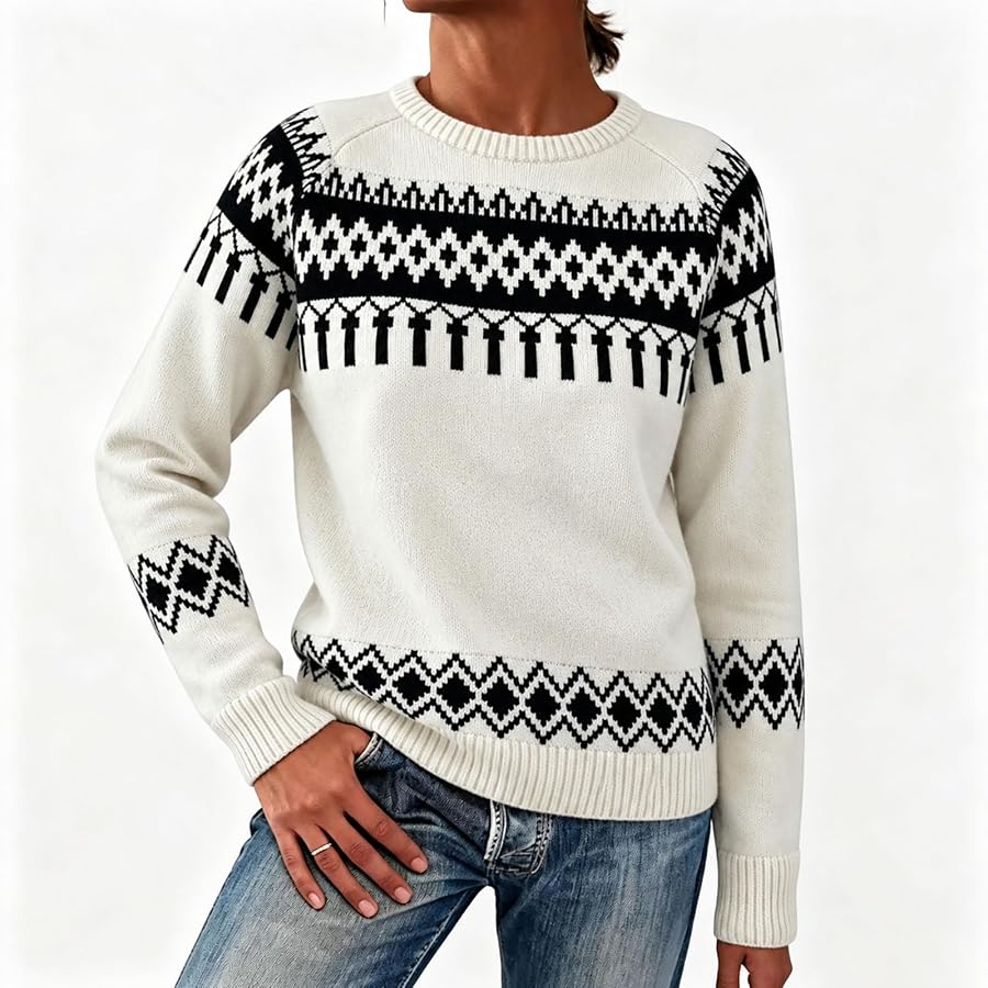 Womens Fairisle Jumpers Vintage Norwegian Nordic Icelandic Sweaters | Nordic Patterned Jumpers Autumn Winter Cosy Warm Knit Pullover Lightweight Plus Size Oversized Sweatshirt Knitwear White S, image 6