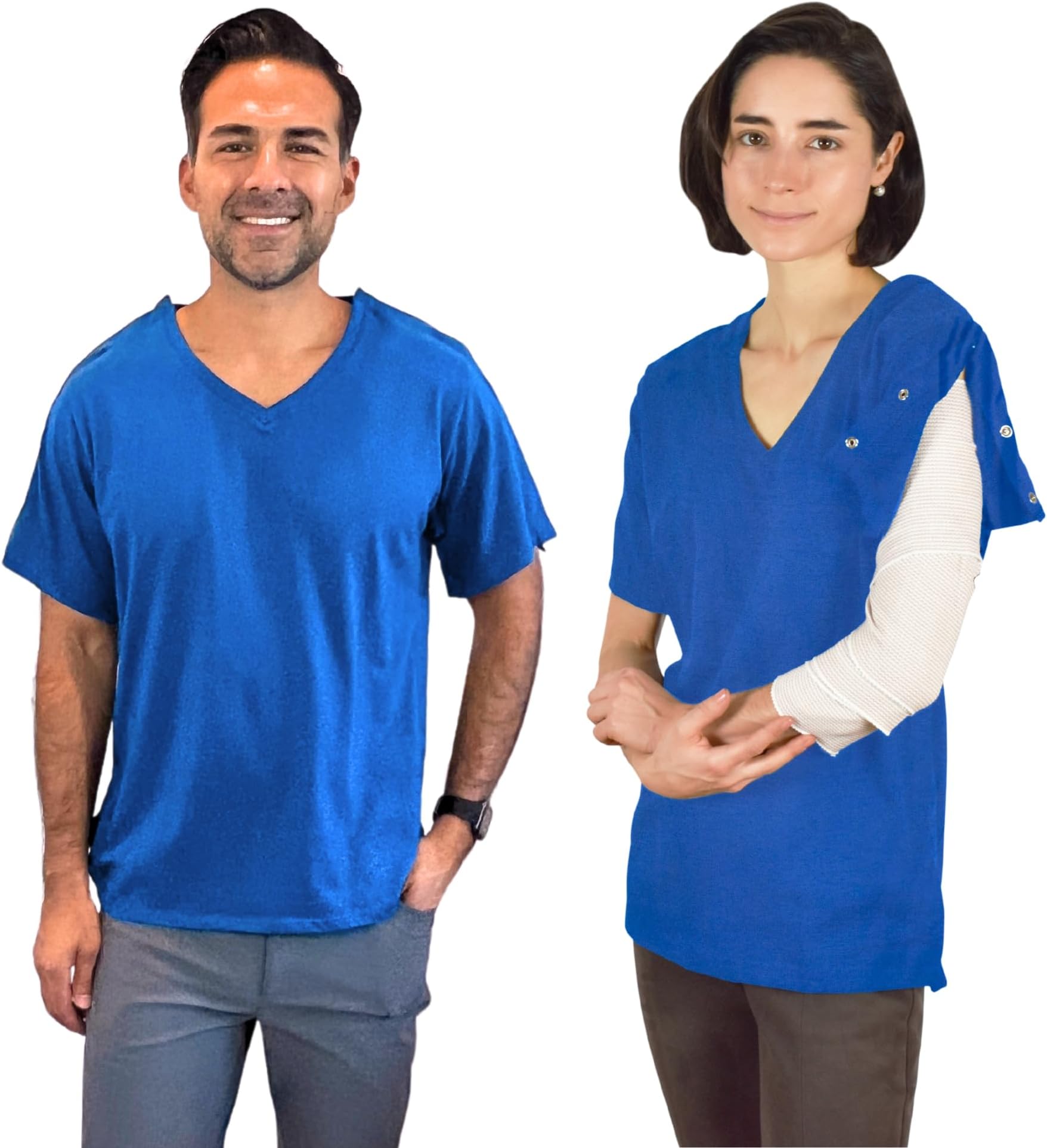 Inspired ComfortsPost Surgery Shirt with Discreet Left & Right Side Snap Access, Blue, Medium