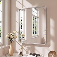 Vista 60 de Espejo de baño negro de 20x30 pulgadas con marco de metal negro, espejo de tocador rectangular redondeado con acabado mate para pared, con vidrio