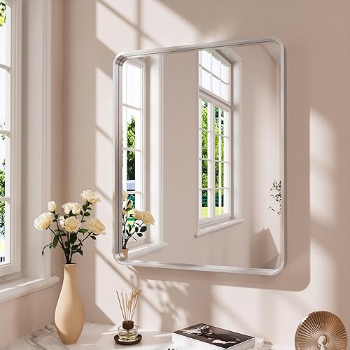 JISOSO Silver Bathroom Mirror, 20 x 30 Inch Wall Mounted Vanity Mirror with Rounded Corner Metal Framed, Tempered Glass,