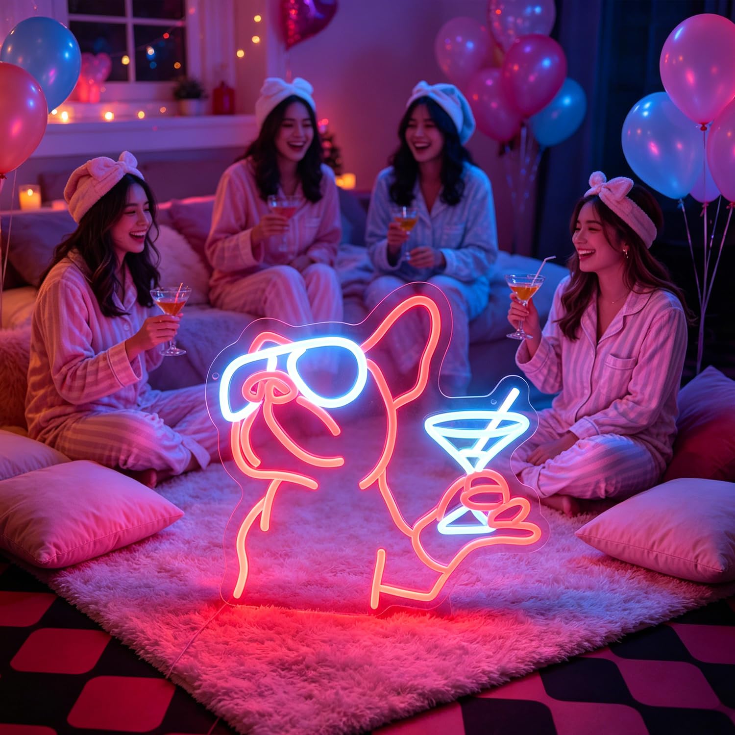 Luce al neon a LED con bulldog francese, insegna al neon per cocktail di cani, cartello a LED con vino di bulldog, decorazione da parete per stanza degli animali domestici, decorazione da parete per
