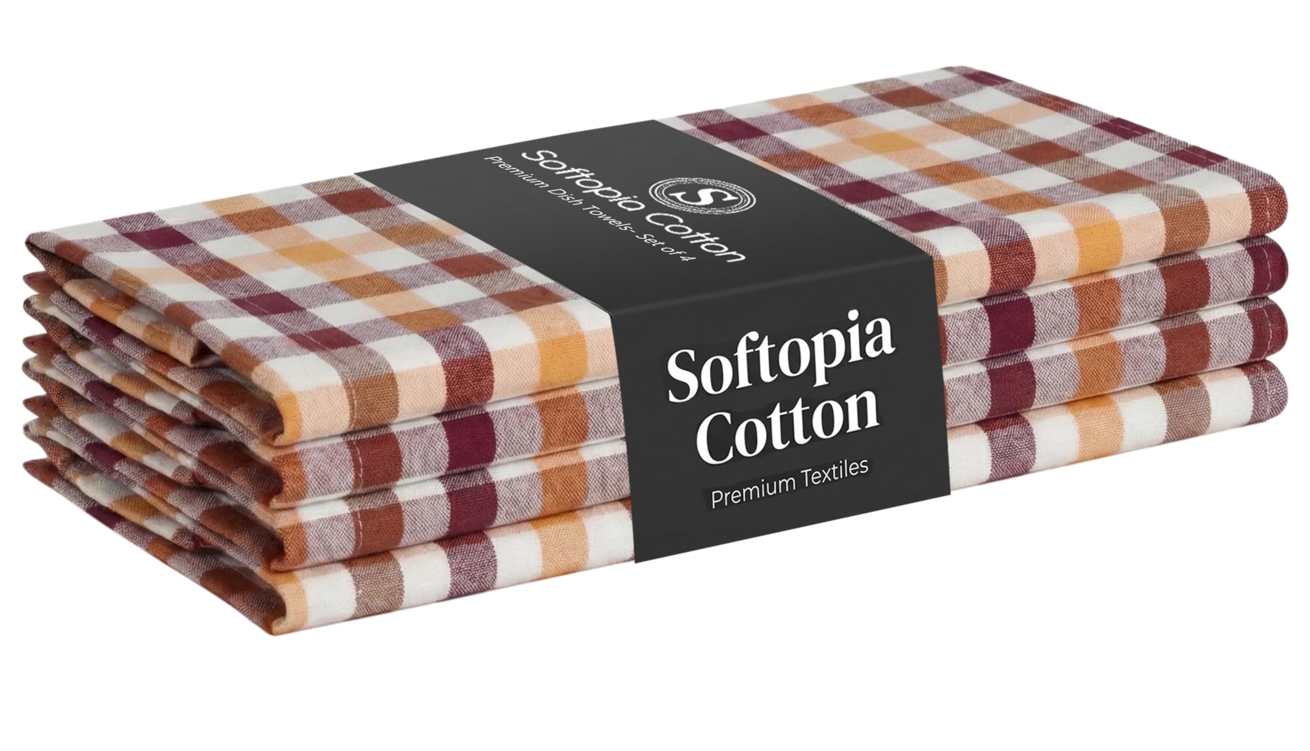 Multicolor Check Kitchen Towels 4 Pack, 100% Cotton Tea Towels, 18"x26" Quick Dry Dish Cloths for Drying Dishes, Reusable, Absorbent - Burgundy Wine, Brown, Mustard Yellow, Natural