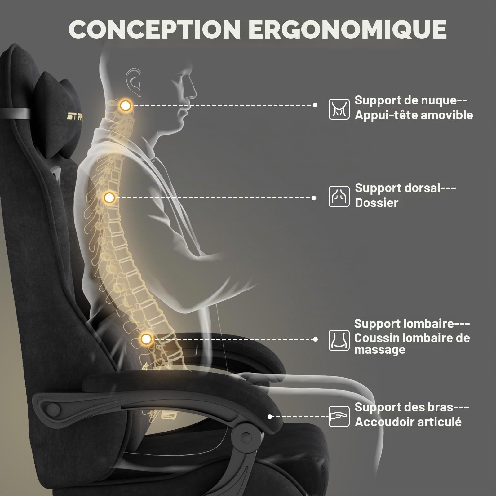 Chaise Gaming Chaise Ergonomique Bureau,Fauteuil Game Repose-Pieds Rétractable & Dossier Réglable,Confort Tissu Velours, Noir