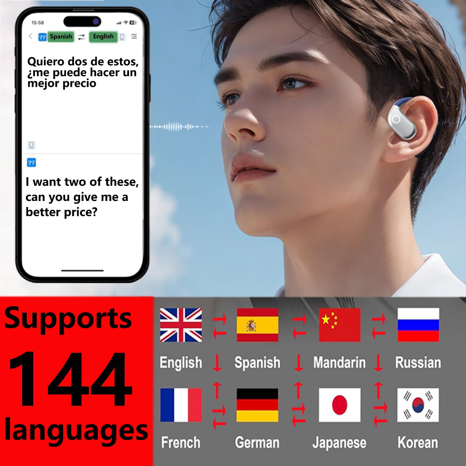 Haiseire Translation Earbuds Real Time,Audifonos Traductores Inglés español,AI Languages Translator Earbuds,Translating Headphones Bone Conduction,Bluetooth Translation Earbuds,M82 Black