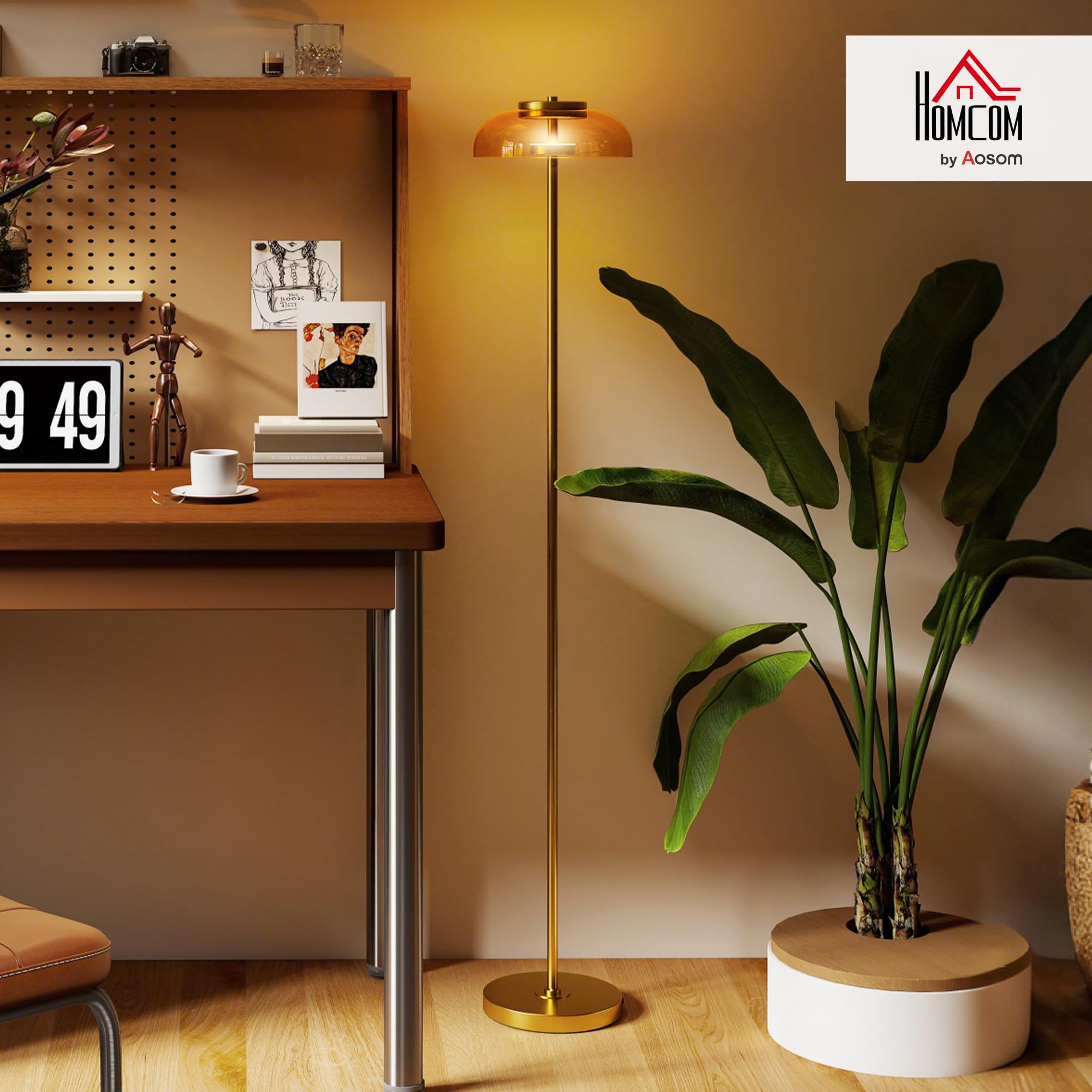 HOMCOM LED Stehlampe für Wohnzimmer, Standleuchte, Warmes 3000K, Messing