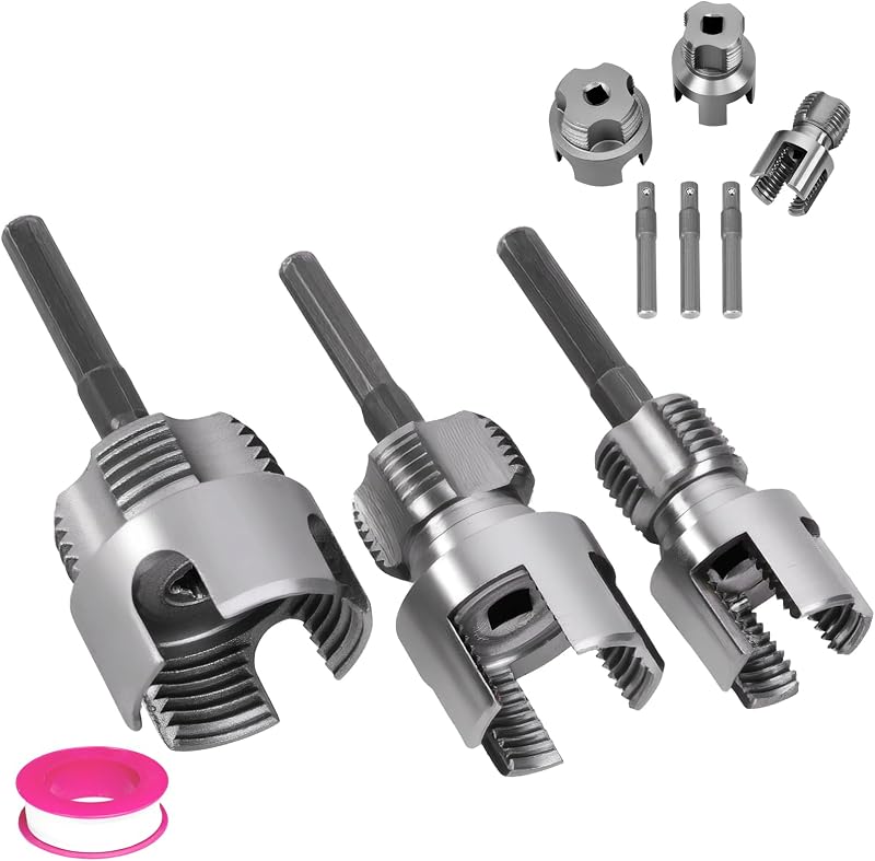 3PCS PVC Pipe Threader Kit, Dual-Function Tool for Plumbers & DIY | Durable kit for plumbing. Fits 1/2" & 3/4" & 1" PVC/plastic pipes. Dual internal & external threader regenerates old threads.