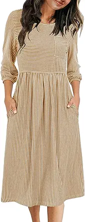 MEROKEETY Women's 3/4 Balloon Sleeve Striped High Waist T Shirt Midi Dress with Pockets
