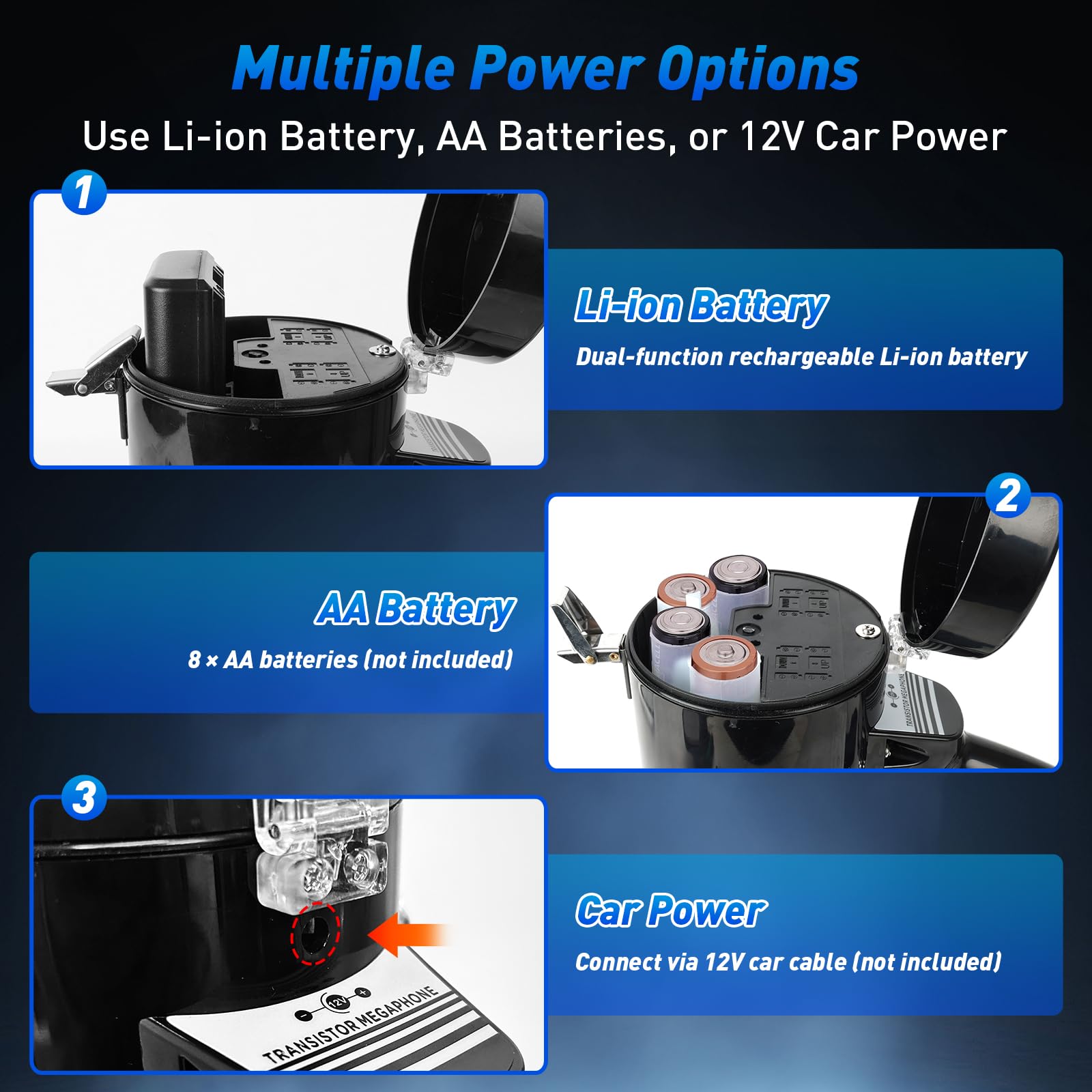 JAOGAUS Megáfono 100W con Bluetooth, Grabación, Sirena, Micrófono Externo, USB, Doble Alimentación