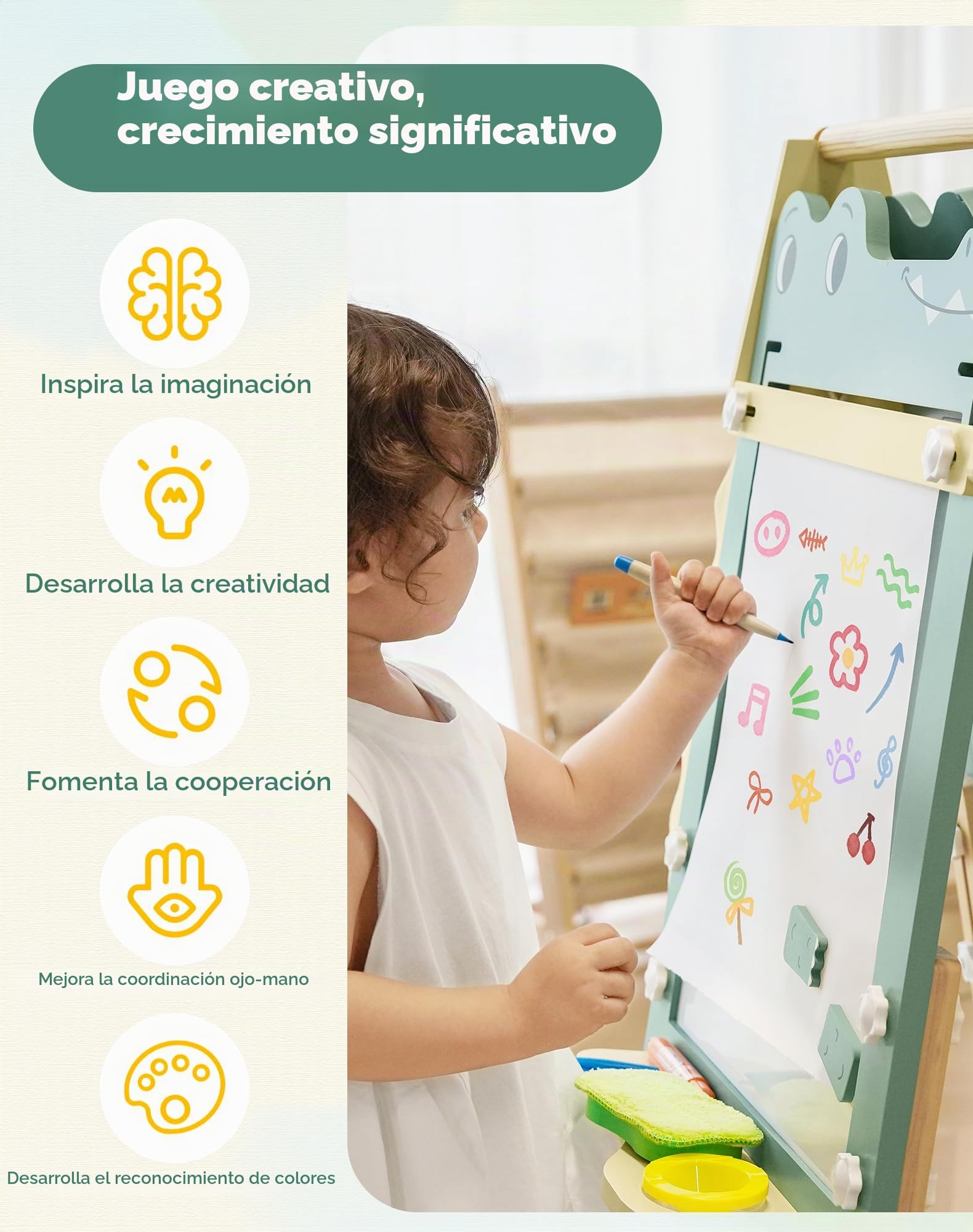 ROBUD Caballete de madera para niños, pizarra blanca de doble cara y pizarra con rollo de papel, tablero de dibujo ajustable en altura con imanes, macetas de pintura, bandeja de almacenamiento, diseño