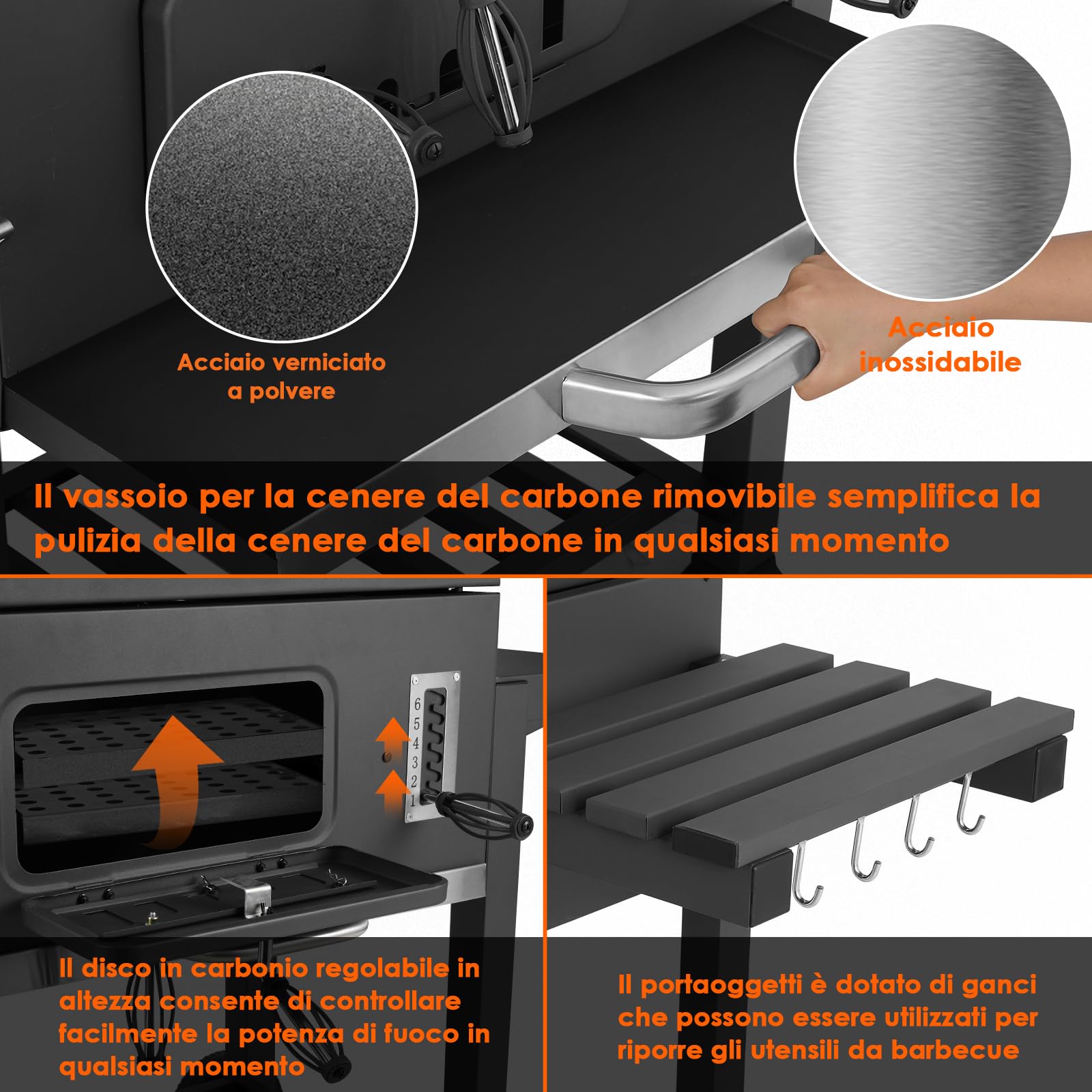 TLSUNNY Barbecue Carbonella, XXL Griglia per Barbecue con Coperchio, 2PCS Ruote, Camino, BBQ Carbonella in Giardino e all'aperto, Grande Capacità, Grigio, 152x136x60 cm, per 6-10 Persone