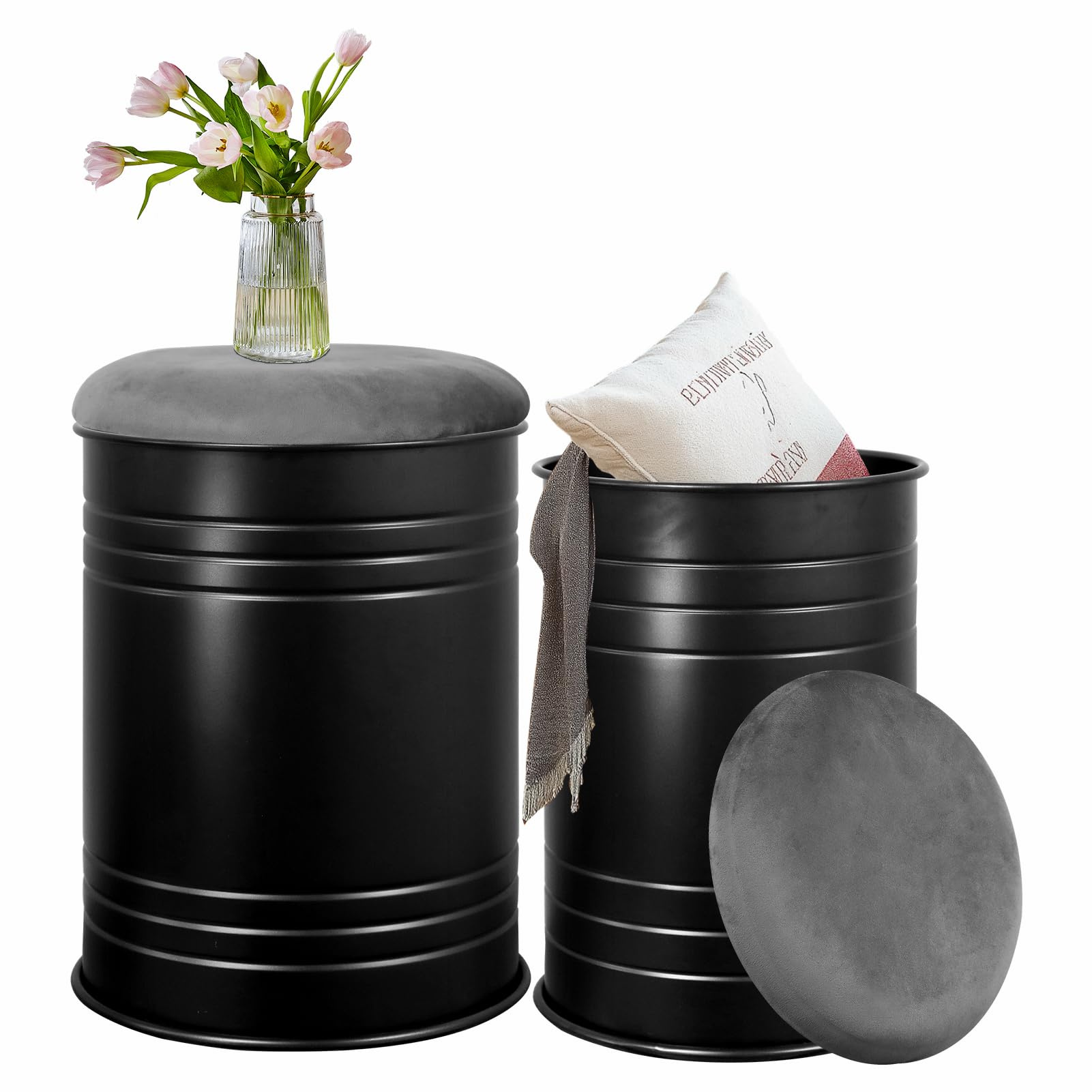 G-LEAF 2er Set Aufbewahrungshocker mit Deckel, Sitzhocker mit Stauraum aus Metall, Deko Aufbewahrungstonne Vintage, Pouf Sitztonne, Schwarz mit Grauem Samt-Kissen