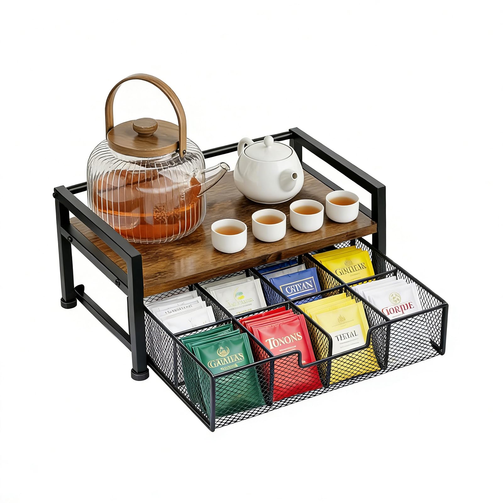 Yuecda Tea Bag Organizer, Wood Tea Organizers and Storage Chest, Teabag Holder with Storage Drawer,Tea Station Chest Display Container Box for Countertop Kitchen, Rustic Brown